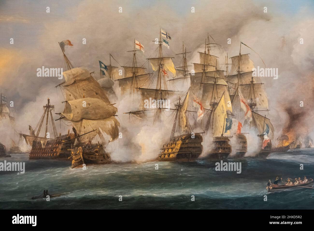 England, Hampshire, Portsmouth, Portsmouth Historic Dockyard, The Royal Navy National Museum, Ölgemälde mit dem Titel „The Battle of Trafalgar“, das die Szene am 21. Oktober 1805 von Thomas Luny darstellt Stockfoto