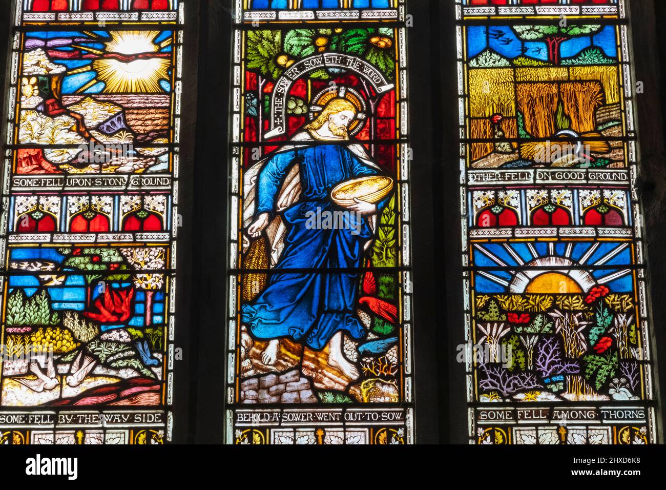 England, Dorset, Isle of Purbeck, Corfe Castle Village, Church of St.Edward, König und Märtyrer, Buntglasfenster mit biblischen Szenen Stockfoto