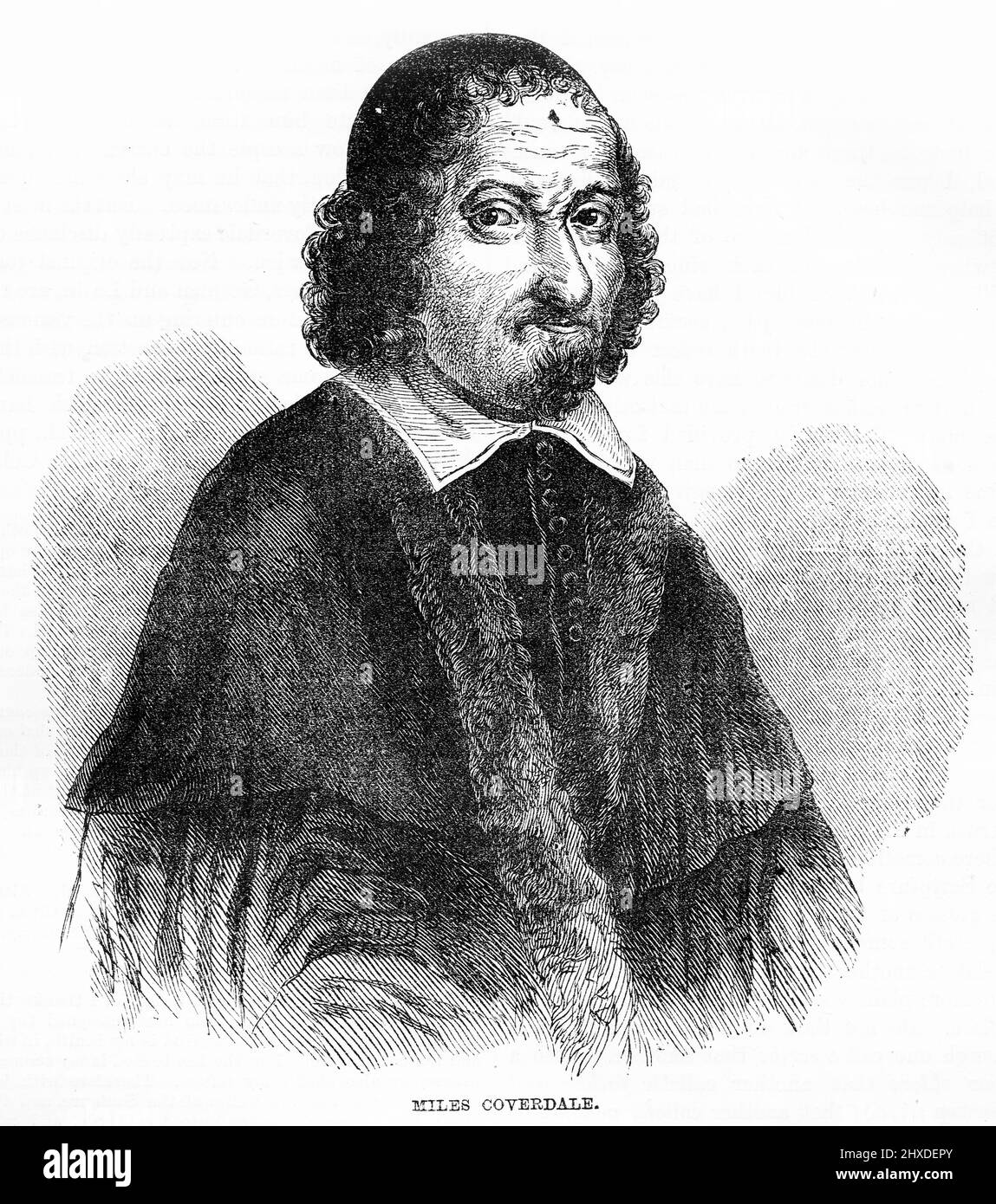 Stich des Bibelübersetzers Miles Coverdale, (1488 – 1569), einem englischen Kirchenreformer, der hauptsächlich als Bibelübersetzer, Prediger und kurz Bischof von Exeter (1551–1553) bekannt ist Stockfoto