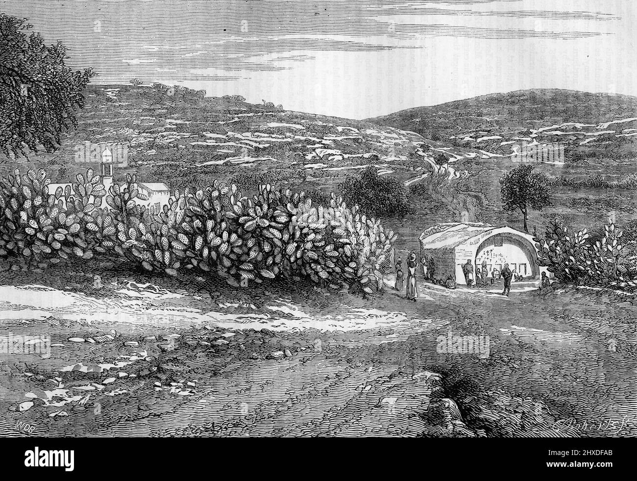Gravur des Brunnens und der Kirche der Verkündigung in Nazareth Stockfoto