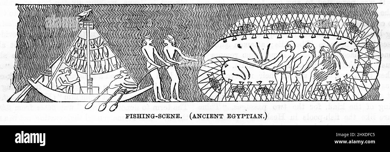 Illustration von Ägyptern, die mit Netzen im Nil fischen. Aus einem antiken Grabbild, reproduziert um 1880 Stockfoto