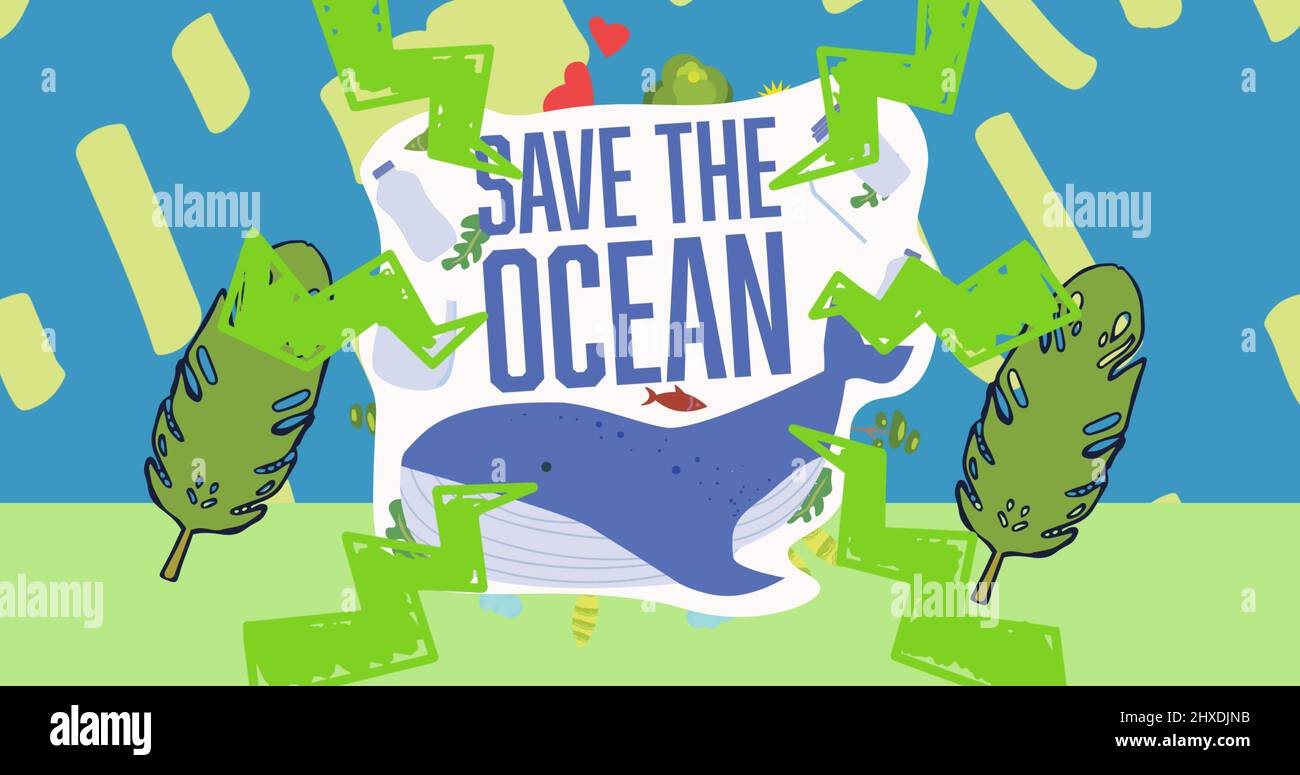 Bild von Save the Ocean Text mit Fisch und Blättern auf blauem und grünem Hintergrund Stockfoto