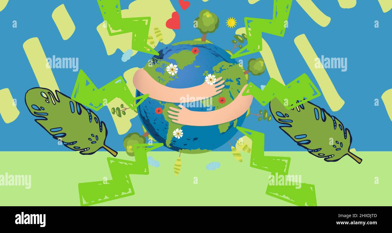 Bild von Save the Ocean Text mit Fisch und Blättern auf blauem und grünem Hintergrund Stockfoto