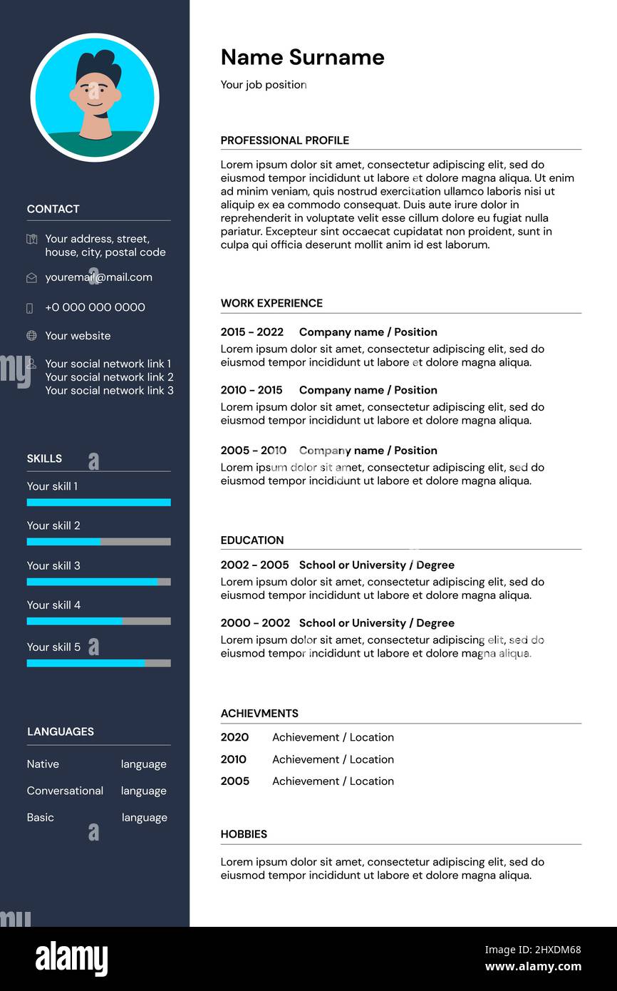 Formularvorlage für Lebenslauf für die Jobsuche. Lebenslauf Interview Beispiel leeres Dokument mit Mann Foto. Seitendesign Ausfüllen Beispiel für freie Arbeit. Vektorgrafik eps Stock Vektor