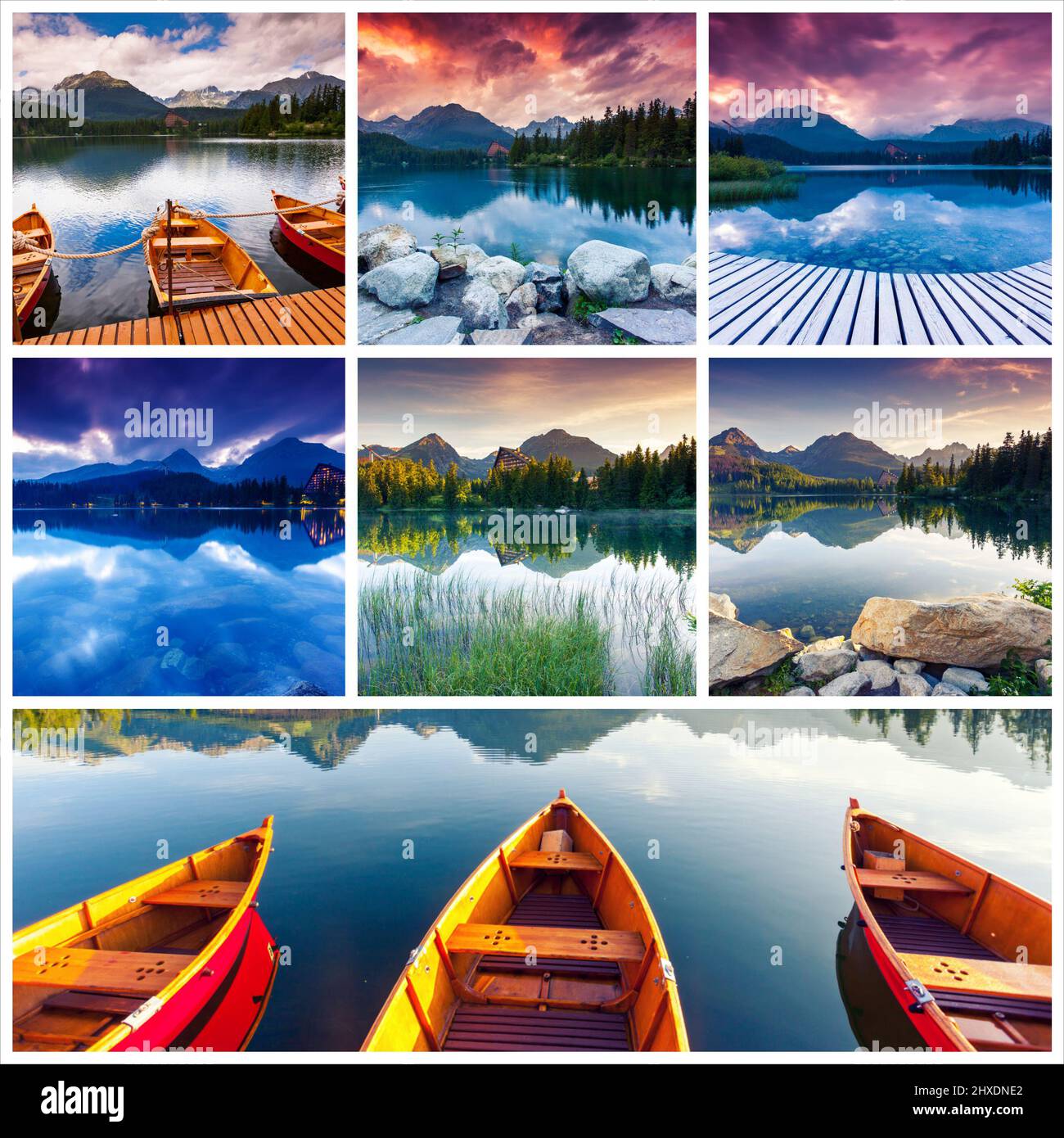 Kreative Collage aus vielen Naturfotos. Bergsee im Nationalpark hohe Tatra. Strbske pleso, Slowakei, Europa. Beauty-Welt. Stockfoto