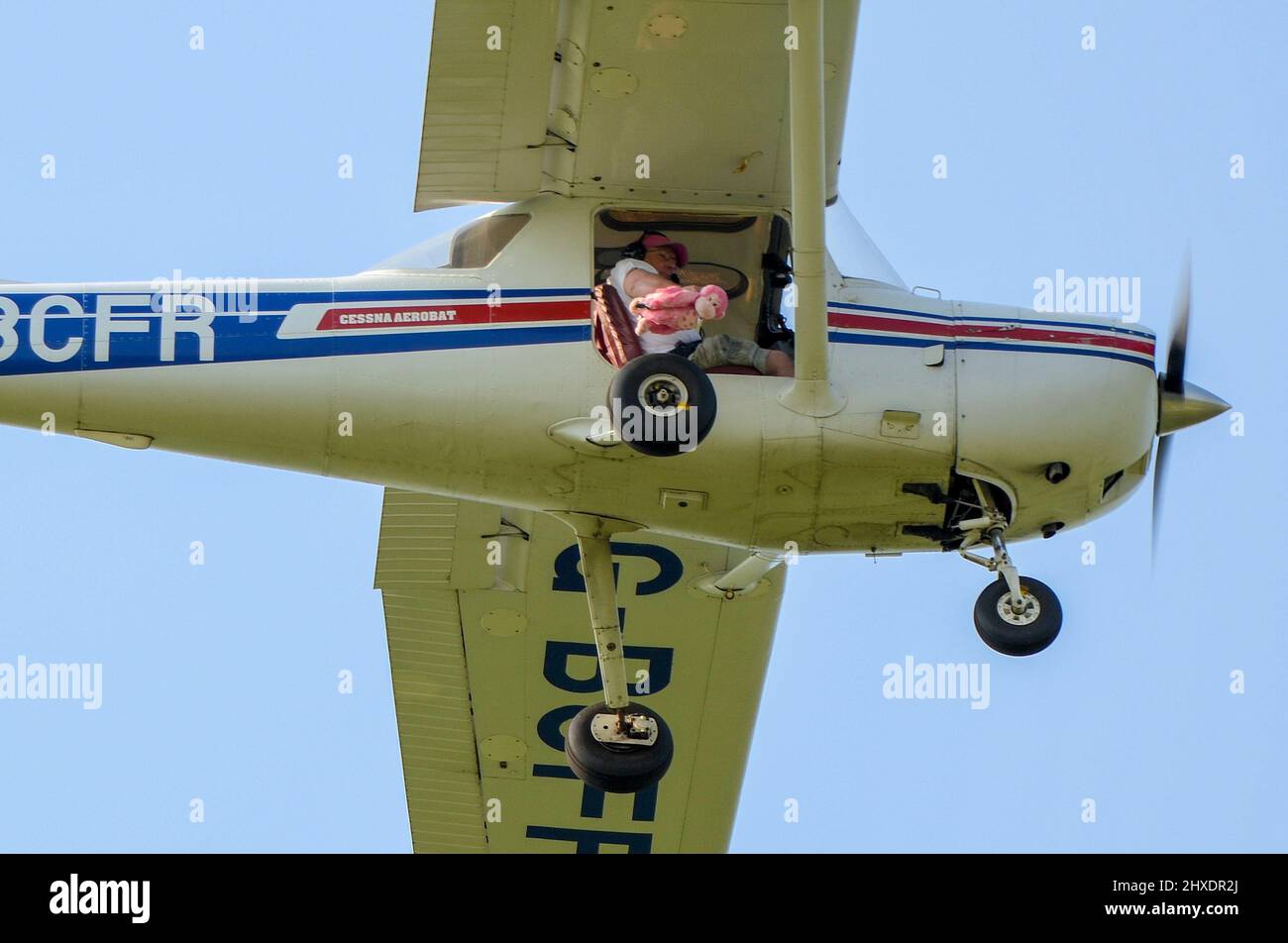 Humorvolle Luft Ereignis plushy Teddy Spielzeug Fallschirm Landung Genauigkeit Wettbewerb. Spielzeug mit Fallschirm, der aus einem Cessna-Flugzeug fällt, um in der Nähe eines Ziels zu landen Stockfoto