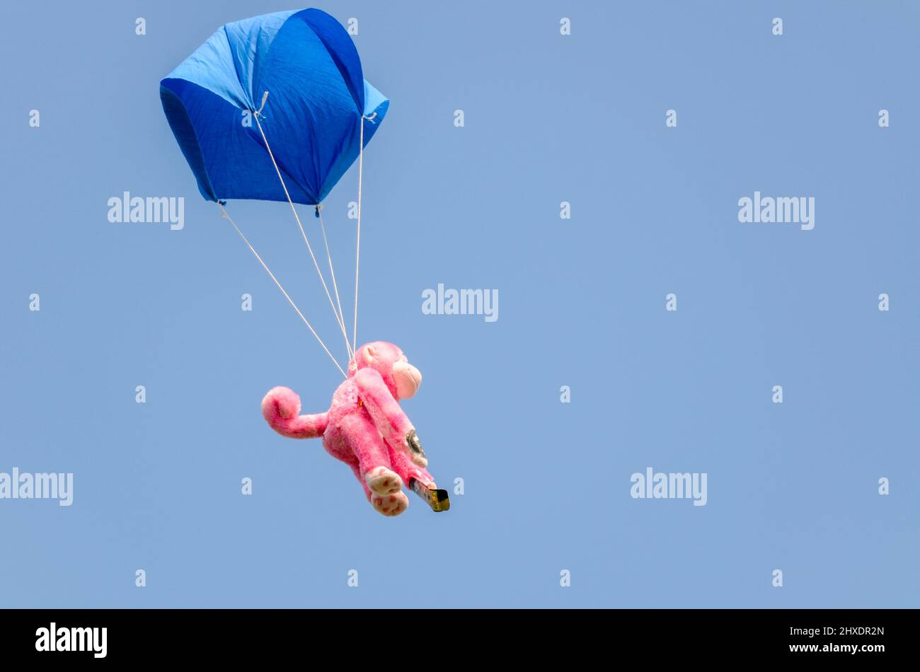 Humorvolle Luft Ereignis plushy Teddy Spielzeug Fallschirm Landung Genauigkeit Wettbewerb. Spielzeug mit Fallschirm aus einem Cessna-Flugzeug fallen gelassen, um in der Nähe eines Ziels zu landen Stockfoto