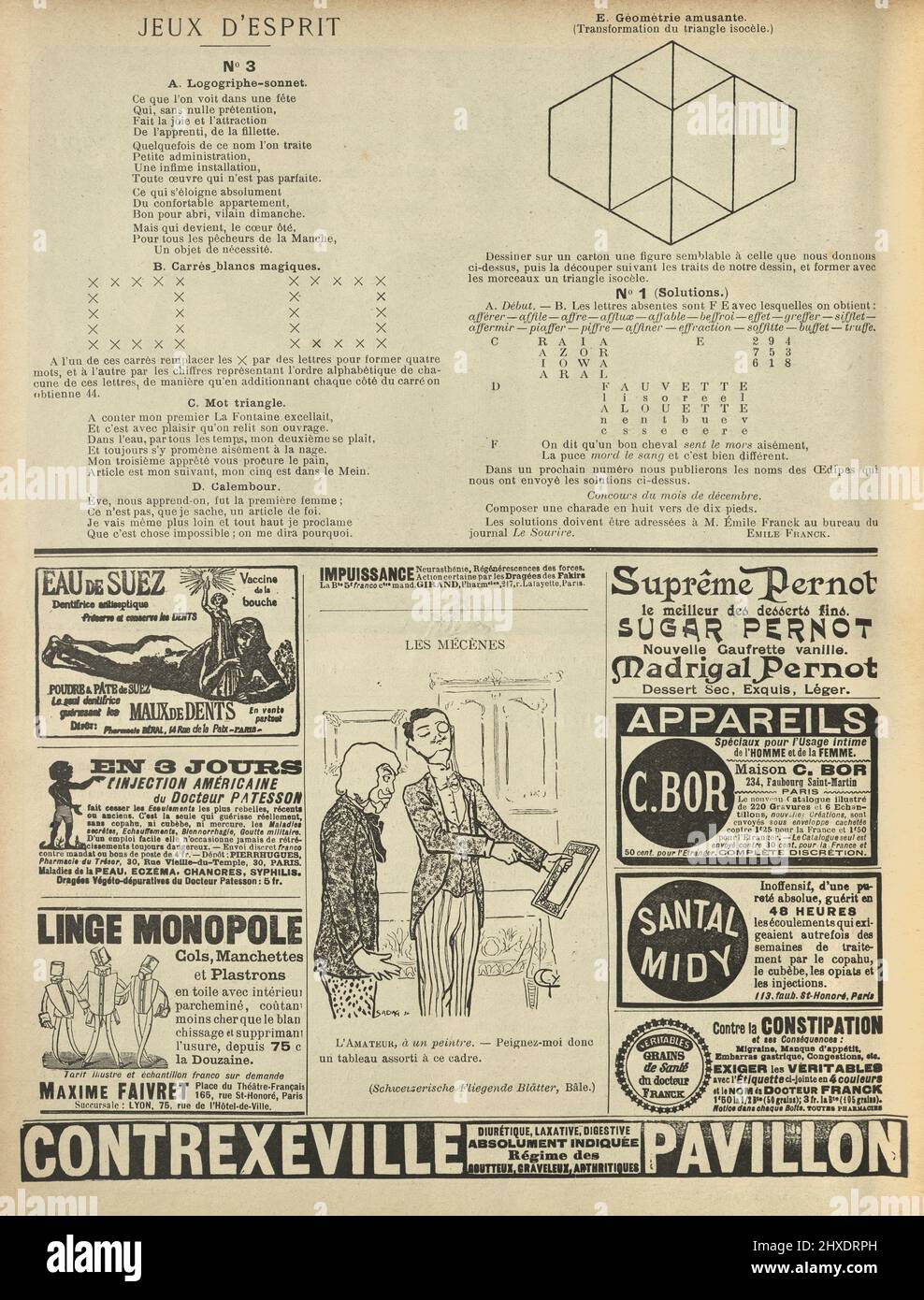 Seite mit Vintage-Anzeigen, Puzzles, Cartoon aus Le Sourire 1899, viktorianisches Französisch 19. Jahrhundert Stockfoto