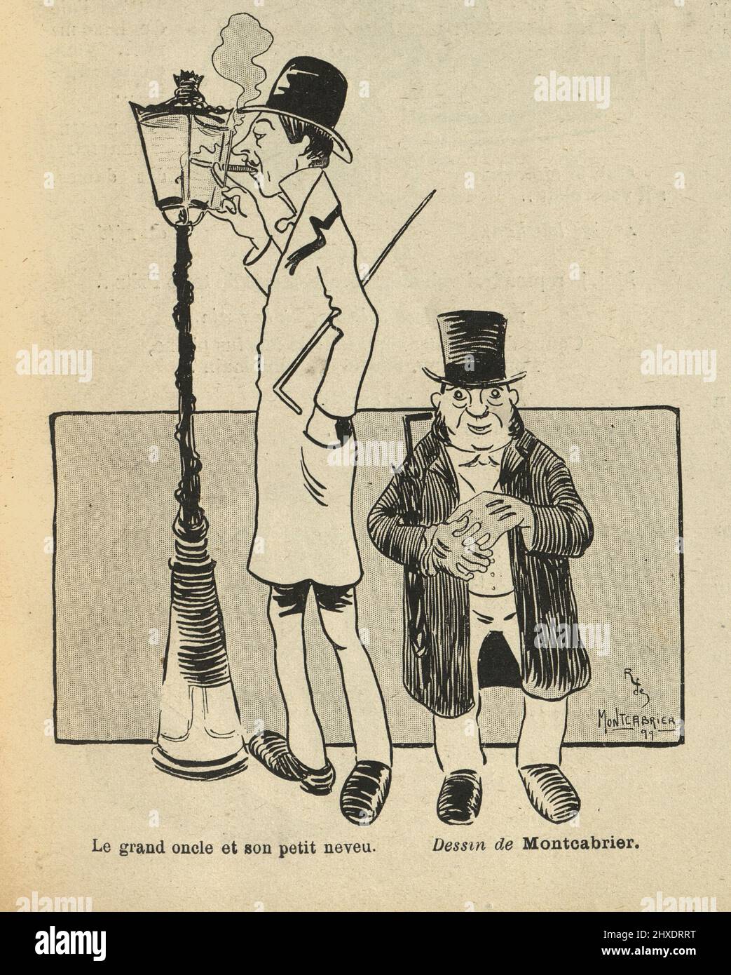 Vintage Französisch Cartoon, der große Onkel und sein großer Neffe. Le Grand oncle et son Petit neveu. 19. Jahrhundert Stockfoto