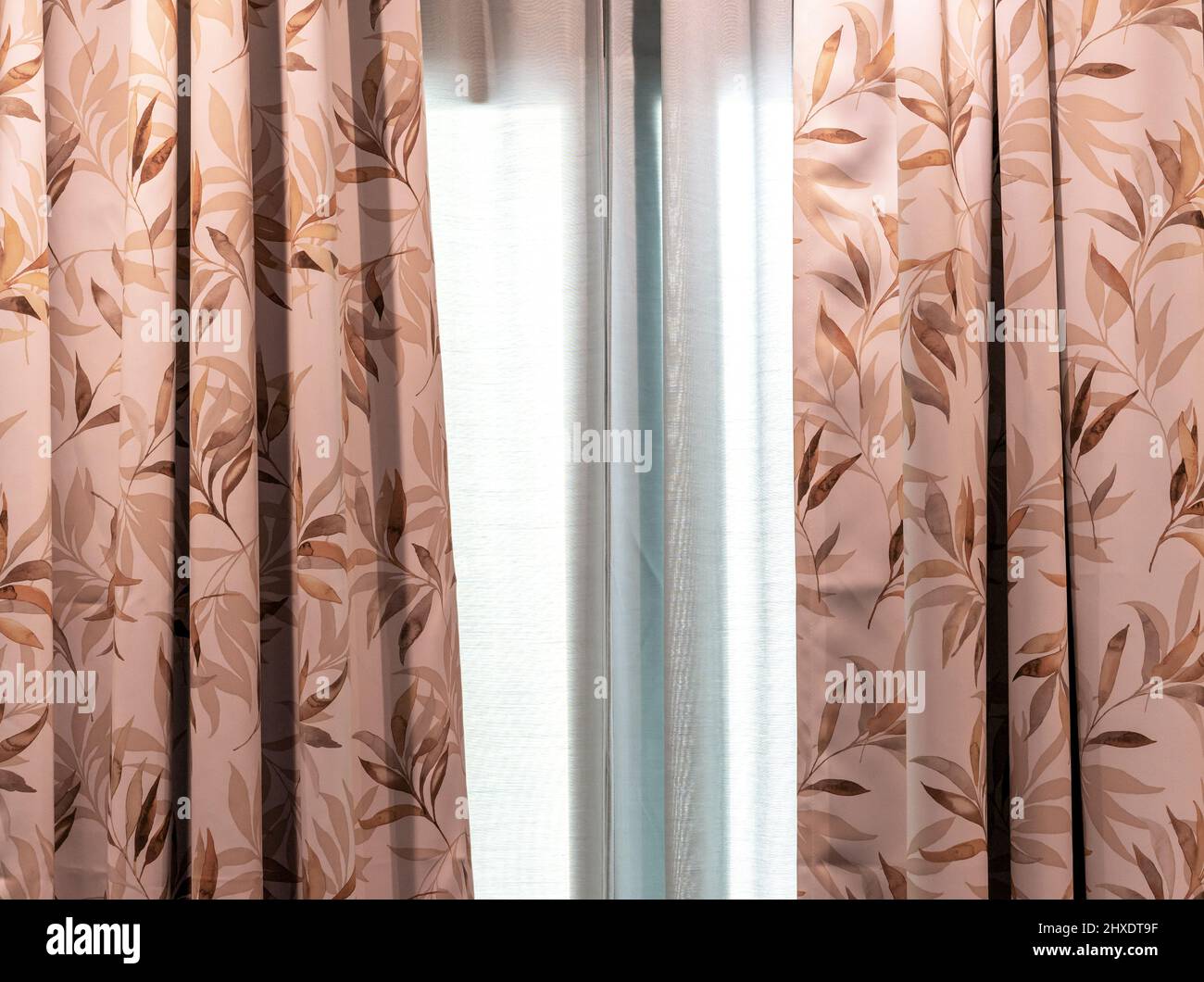 Beigefarbene Vorhänge mit Pflanzenverzierung am Wohnzimmerfenster. Stockfoto