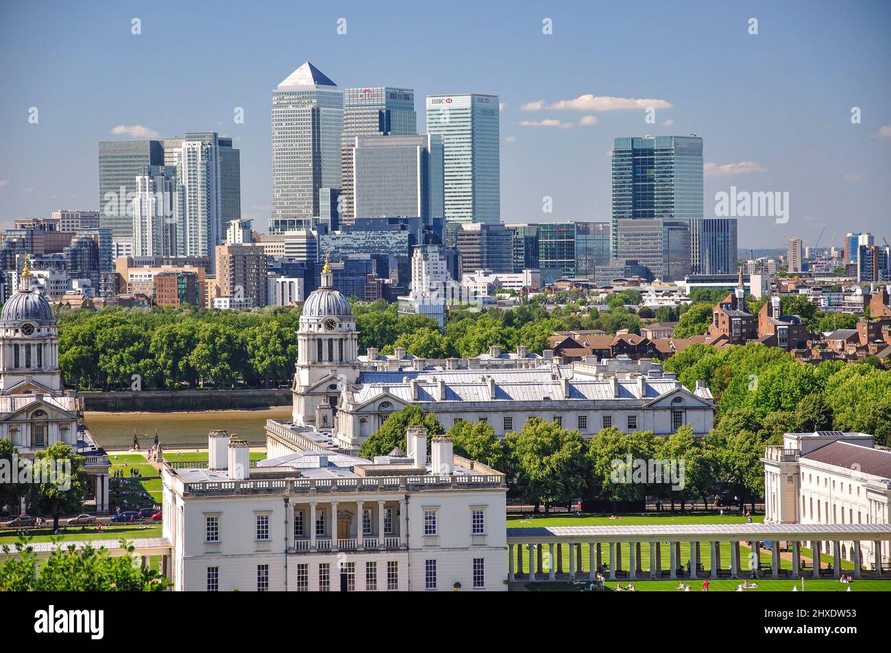 Blick auf Canary Wharf vom Greenwich Park, Greenwich, London Borough of Greenwich, Greater London, England, Vereinigtes Königreich Stockfoto