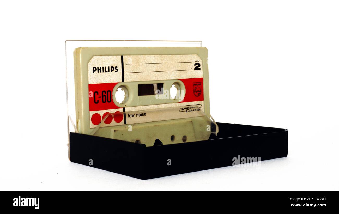 Vintage Kassettenband PHILIPS 1971 Kompaktkassette C-60 rauscharm – Philips, Made in Holland Stockfoto