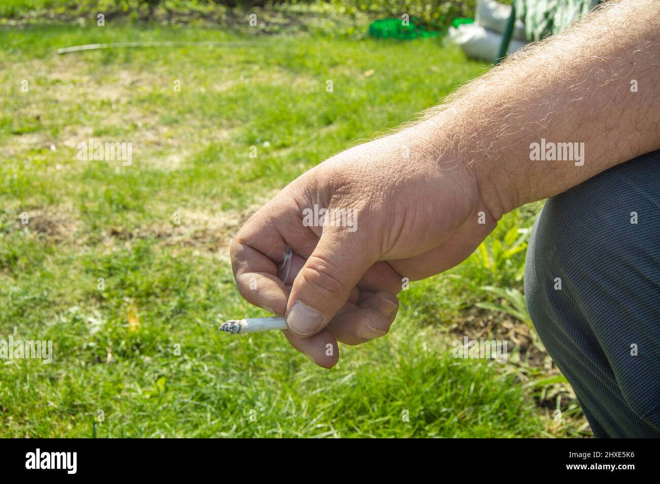 Nahaufnahme der Hand eines Mannes, der eine Zigarette raucht, auf einem Grashintergrund, im Freien, Konzept zur Raucherentwöhnung, Platz für Text auf der linken Seite. Stockfoto