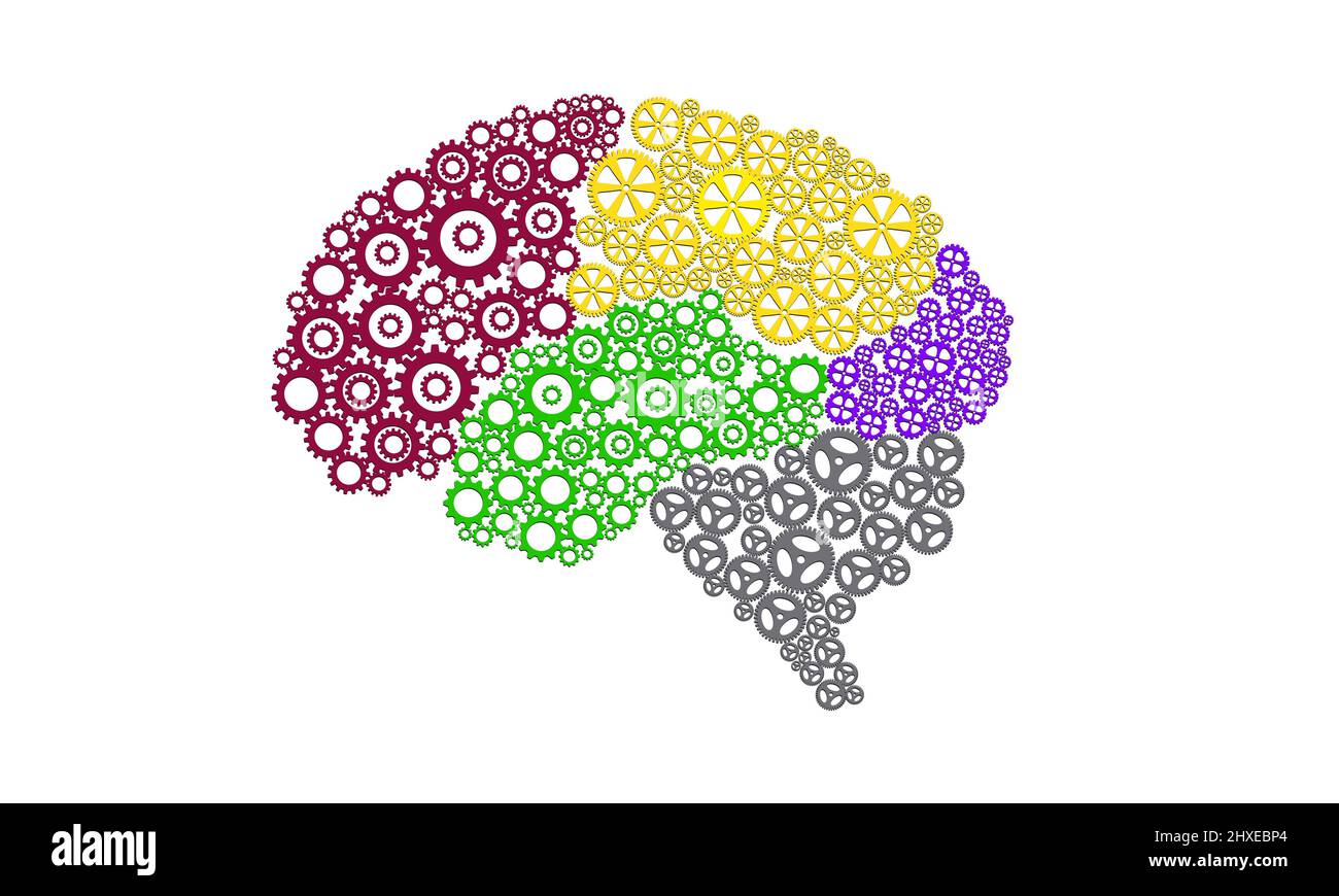 Kreative Brain Gear Idee mit fünf Teilen Illustration auf weißem Hintergrund. Wissenschaft und Kreativität Konzept. Lappen des Gehirns Stockfoto
