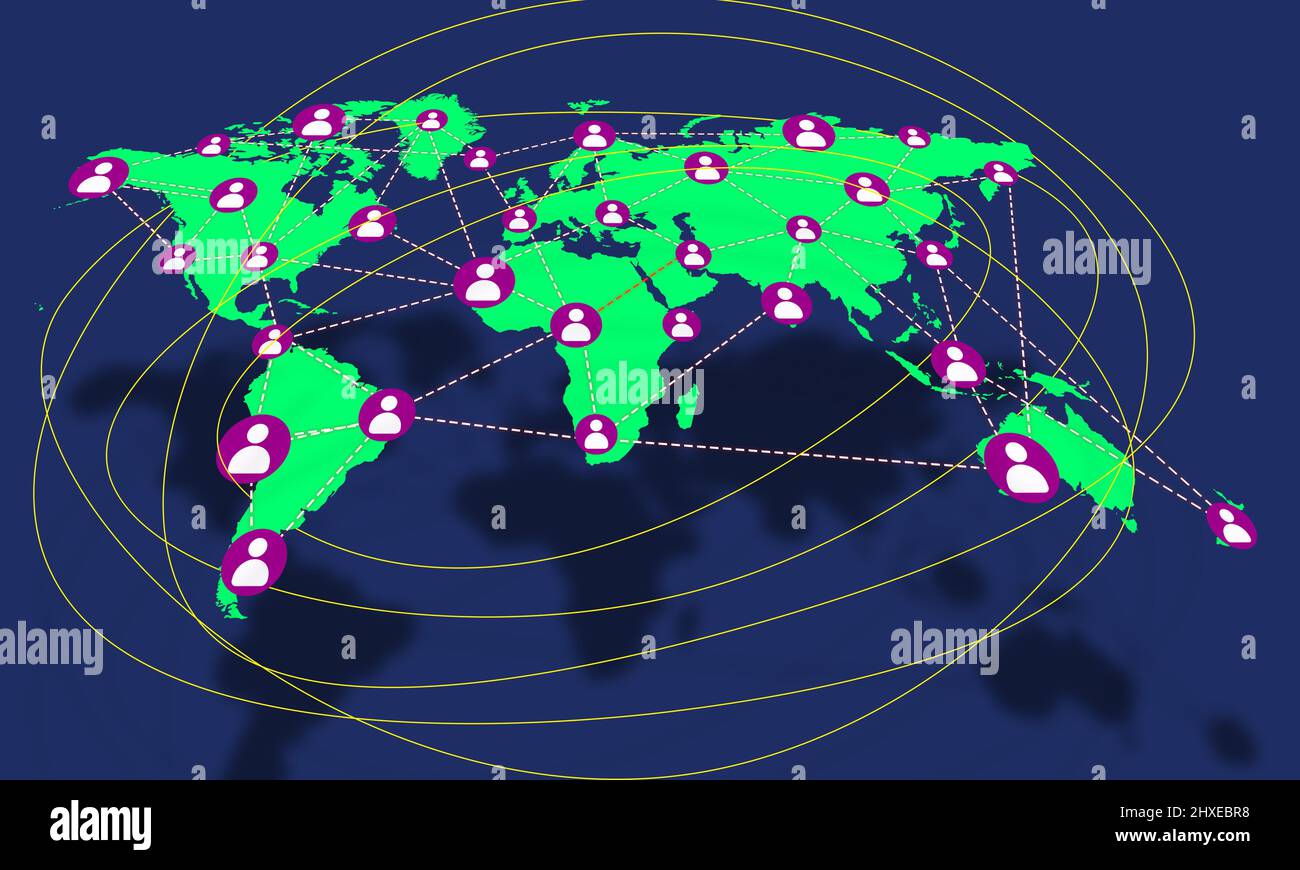 Globales Verbindungskonzept. Earth Pap mit dem Symbol „Personen verbinden“ durch verbundene Leitungen. Web Users Communication und Globe Network Stockfoto