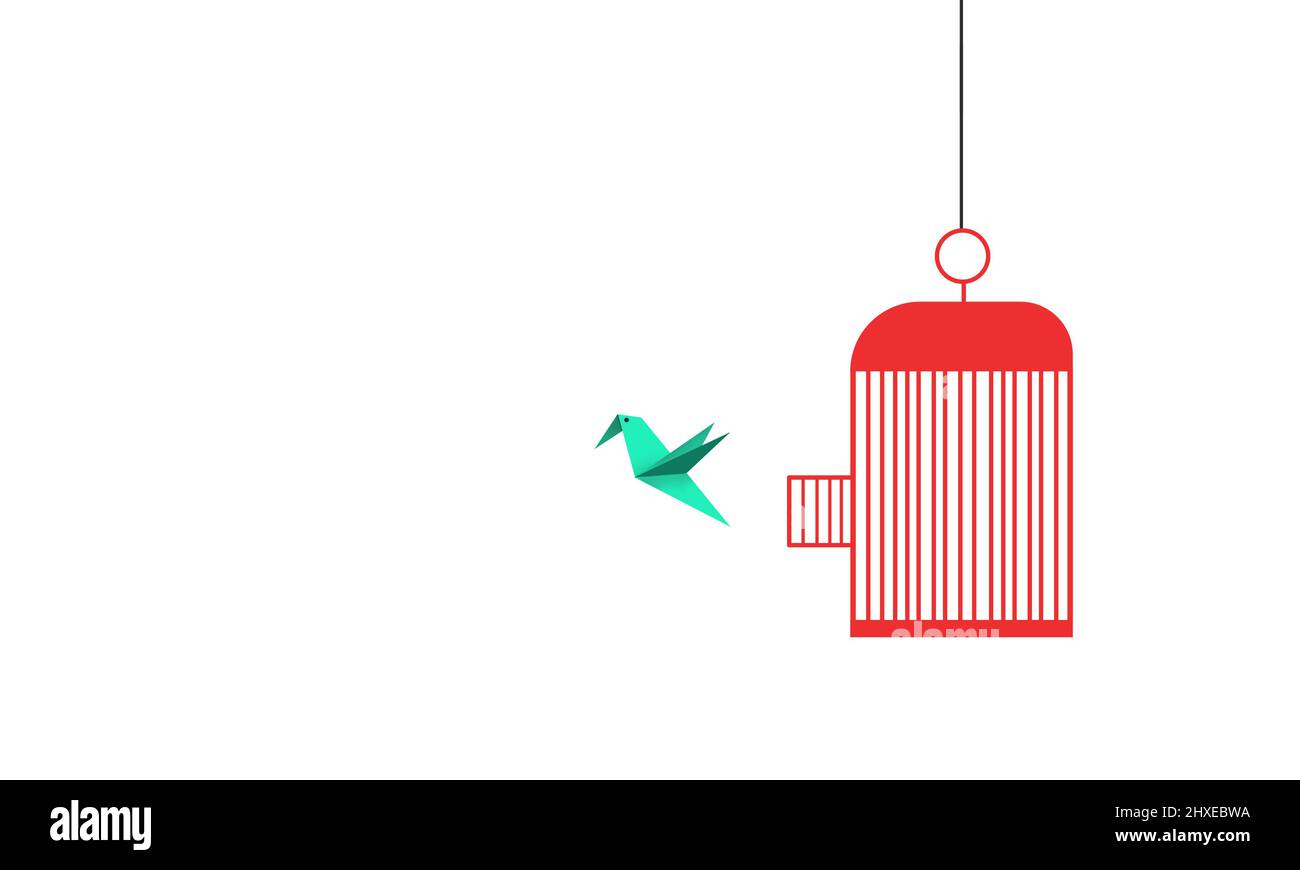 Vogelkäfig Freiheit Konzept. Surreale Liberty Illustration. Origami Free Paper Bird Fliegen Sie Weg Stockfoto