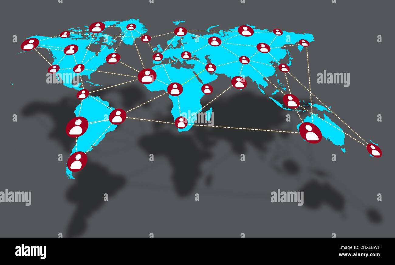 Globales Verbindungskonzept. Weltkarte mit Connect Users Icon durch Connected Lines.. People Communication und Globe Network Stockfoto