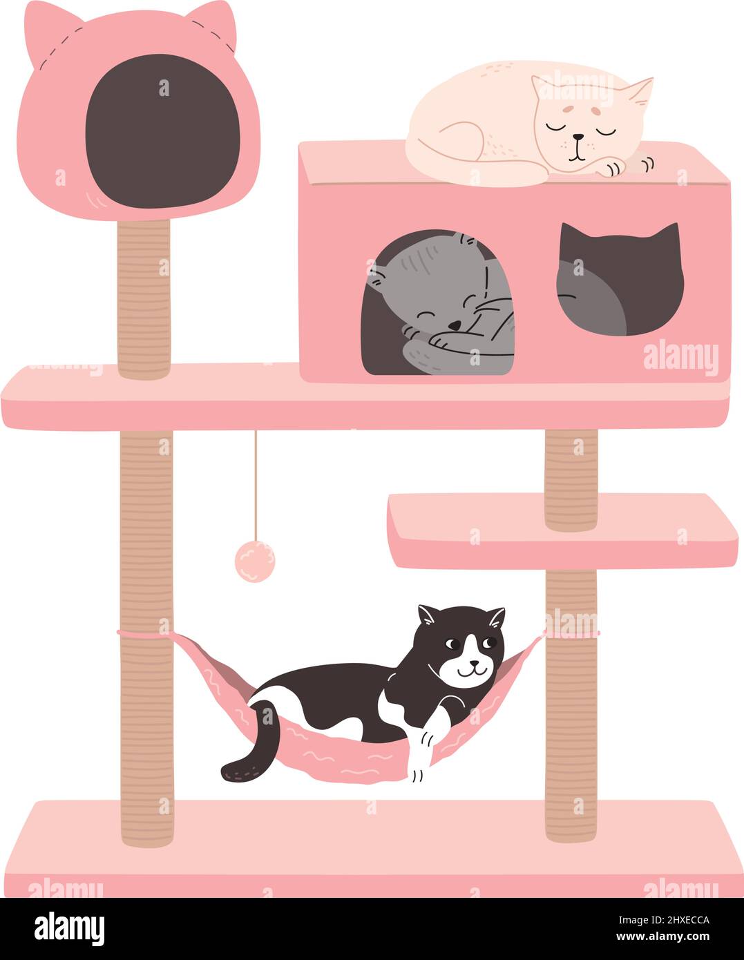 Die Katzen ruhen im Katzenturm. Katzenbaum mit einem Kratzbaum und einem Haus, in dem Kätzchen schlafen. Luxuriöses rosa Tierhaus. Flache Vektordarstellung von Tiermöbeln isoliert auf Weiß. Stock Vektor