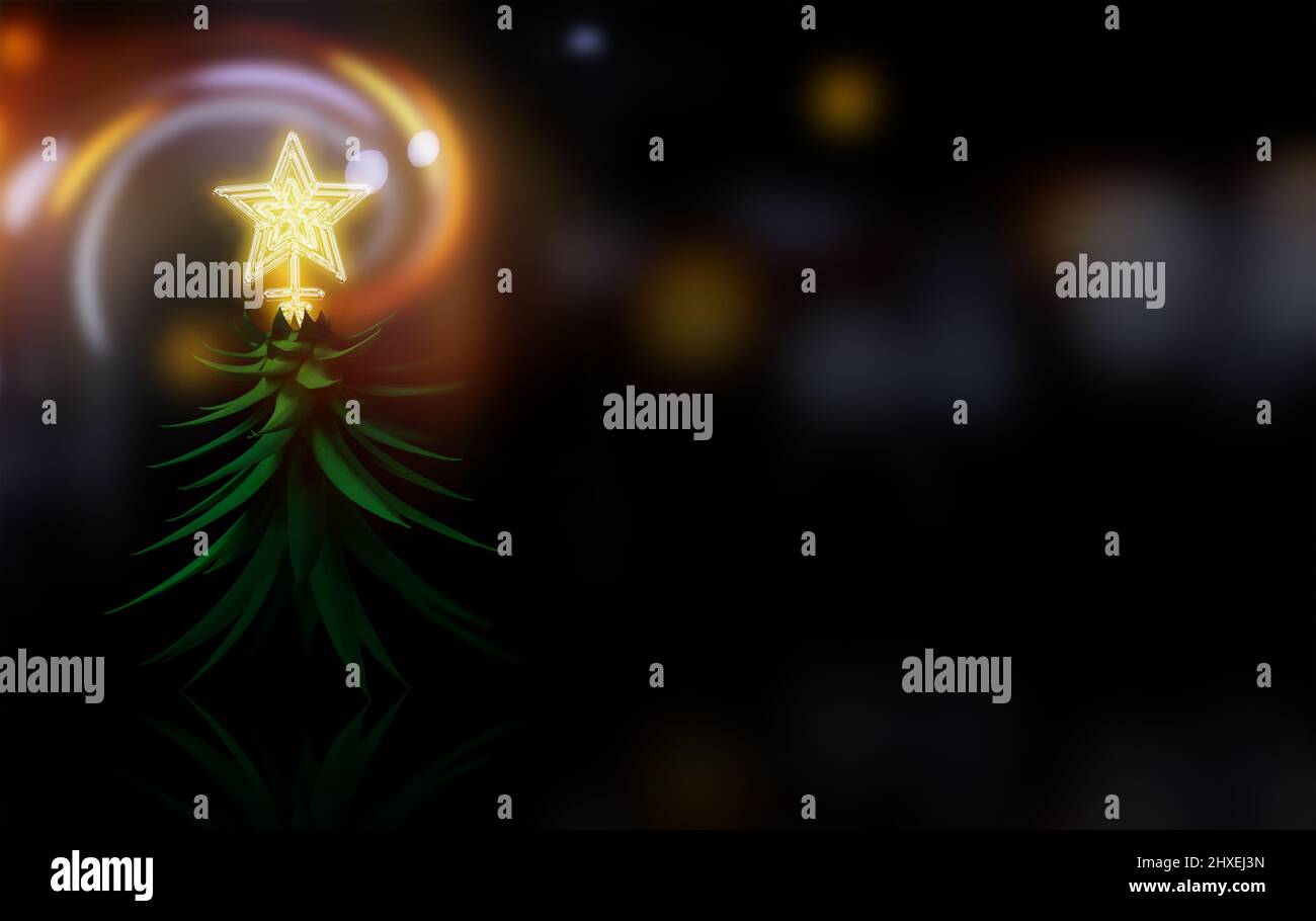 Kleiner niedlicher Zwerg-Weihnachtsbaum mit leuchtend leuchtendem Stern. Weihnachtsthema mit Platz zum Kopieren. Stockfoto