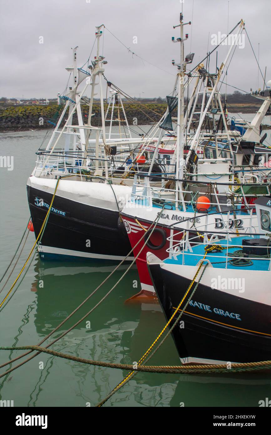 10. März 2022 an einem kalten, nassen Frühlingsmorgen liessen sich Fischtrawler im irischen Seehafen Ardglass in der Grafschaft Down, Nordirland, nieder Stockfoto