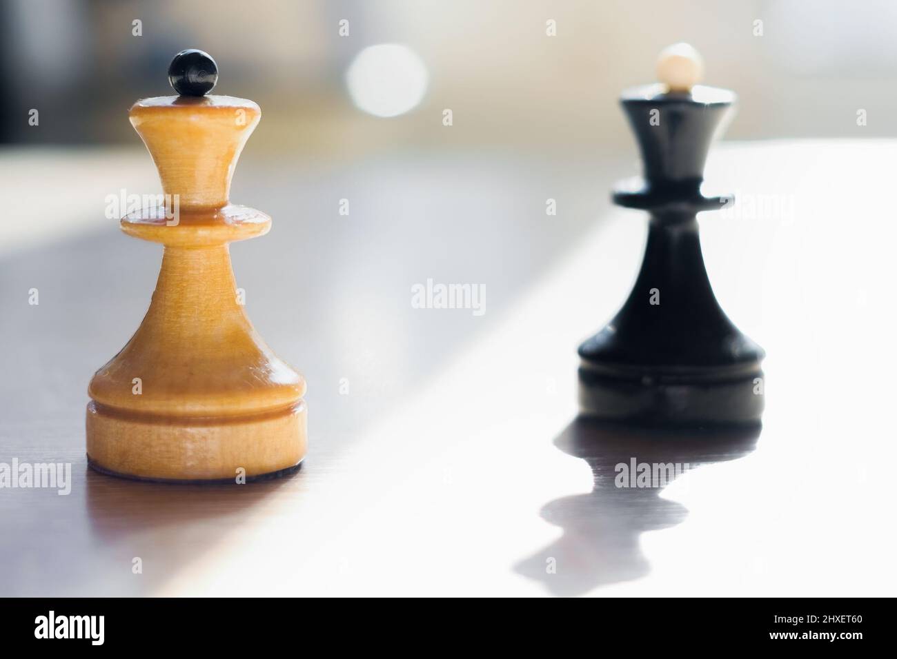 Schachfiguren, die in Sonnenlicht getaucht sind. Weiße und schwarze Königinnen. Weiß im Fokus, Schwarz verschwommen. Die Abstraktion der Konfrontation. Unternehmen. Stockfoto