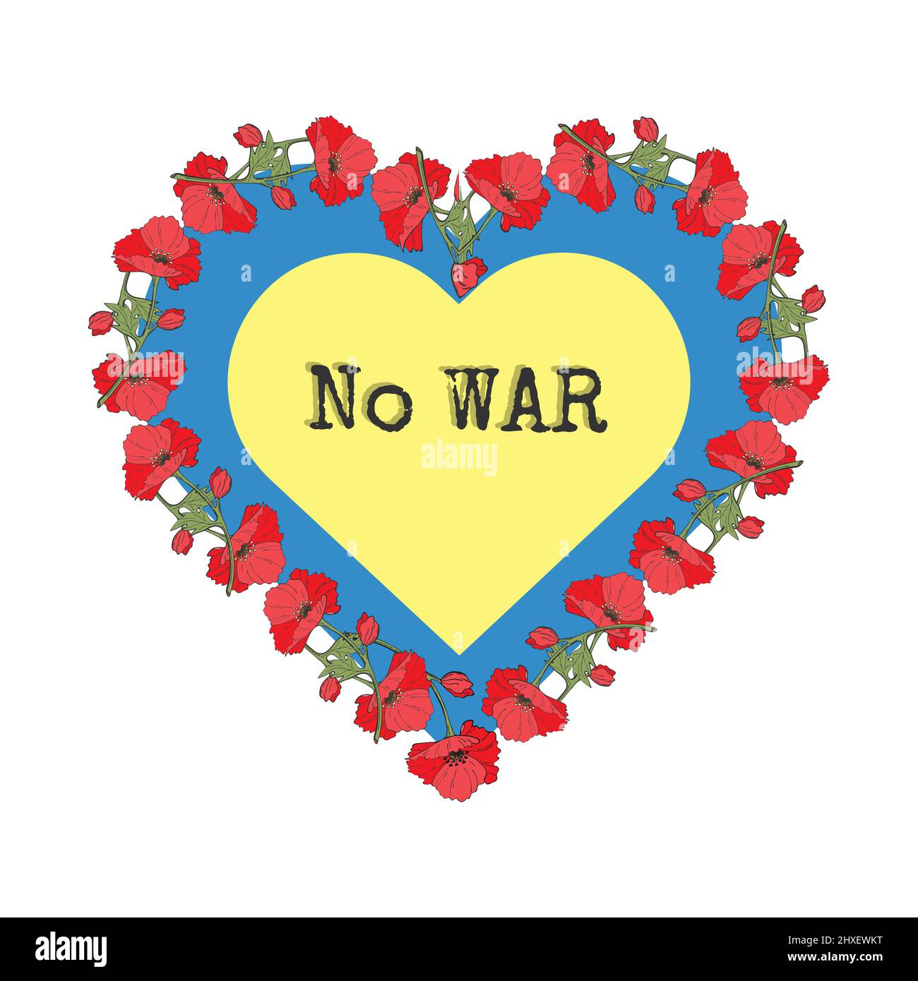 Herz Ukraine blau gelb Hexe rot Mohnblume. Kein KRIEG. Rette die Ukraine, die Flagge der Ukraine und einen Kranz aus rotem Mohn auf dem Kopf. Vektorgrafik Stock Vektor