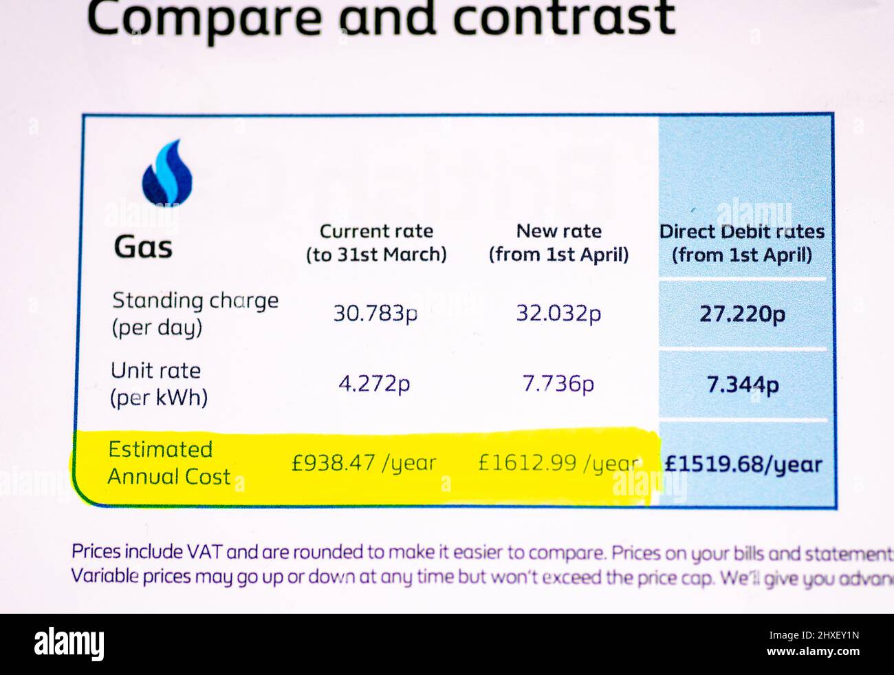 London. UK-03.07.2022. Ein Brief von britischem Gas, in dem der horrende Anstieg der Energiekosten veranschaulicht wird, wobei sich der Preis fast verdoppelt hat. Stockfoto