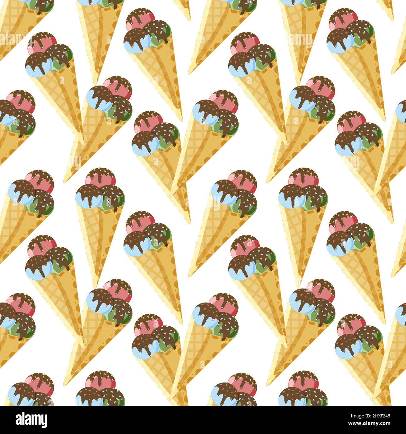 Nahtloses, handgezeichnetes Eiscreme-Muster im Cartoon-Stil. Eis in einer Waffelbecher auf weißem Hintergrund. Nachtisch. Bunte Eisbällchen. Sommer Stock Vektor