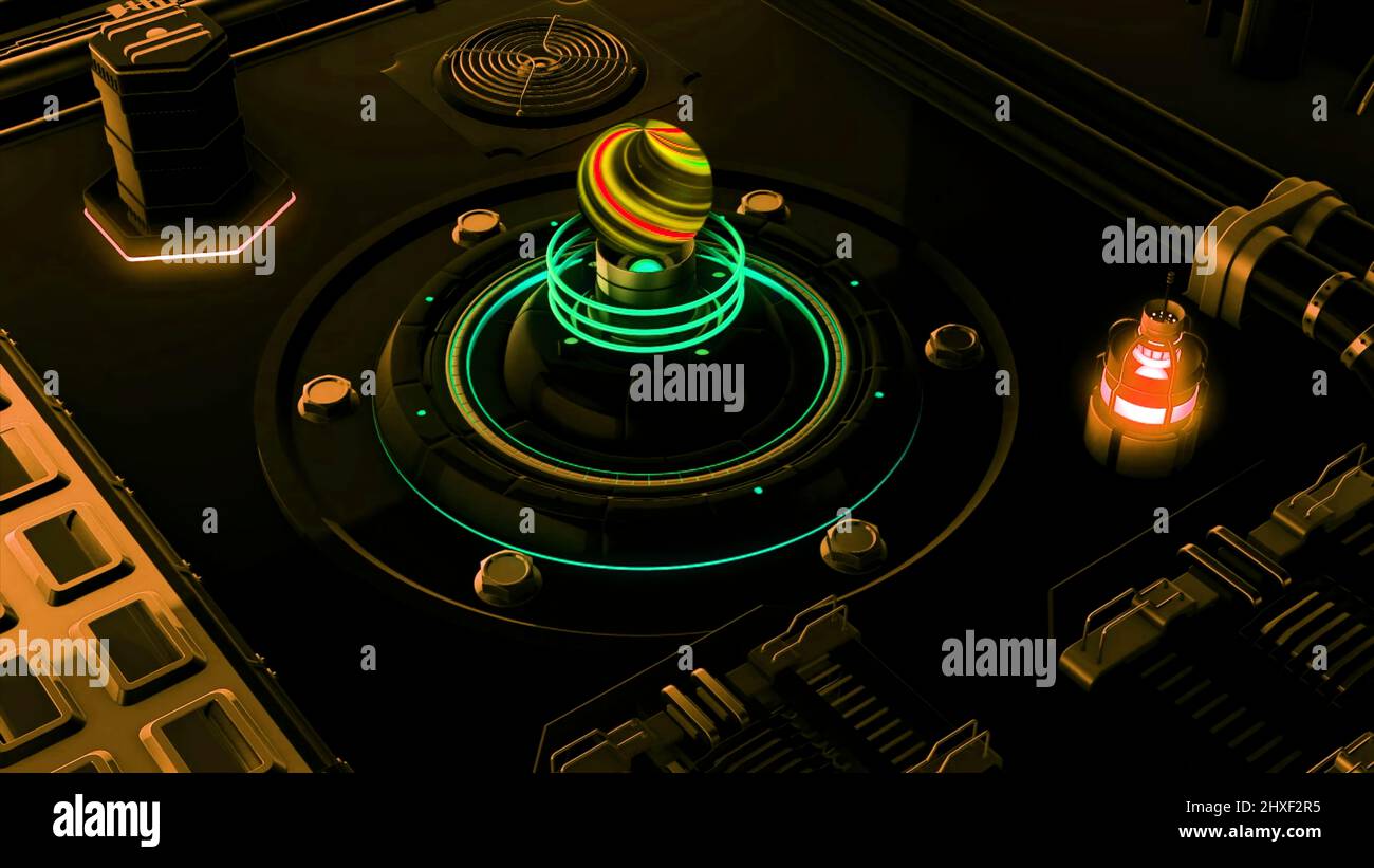 Blick in ein fremdes Raumschiff Bedienfeld Details, dunkle abstrakte Innenraum mit Neonbeleuchtung. Bewegung. Glühender Hebel eines Geschwindigkeitsschalters Stockfoto
