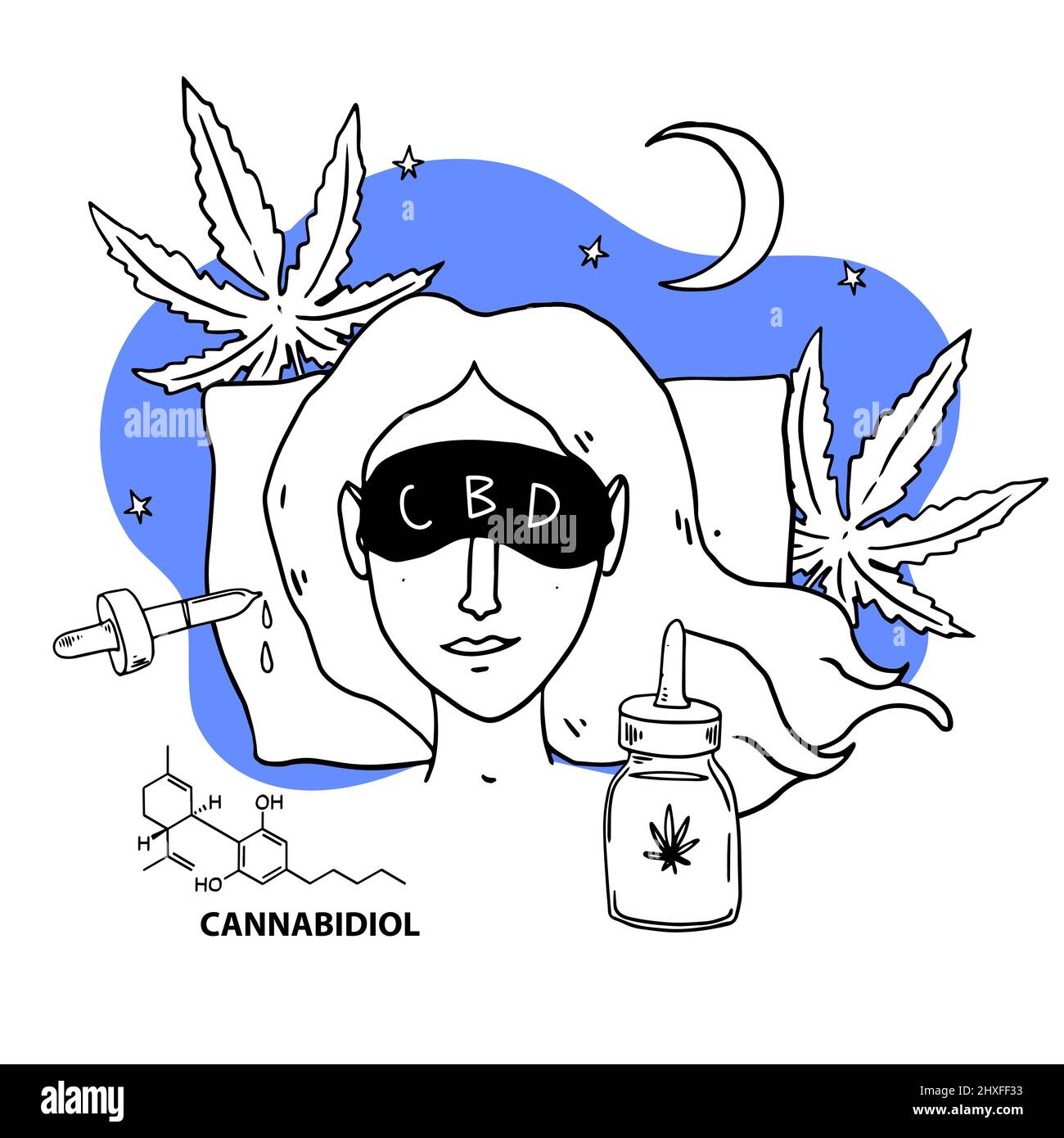 CBD-Cannabidiol für einen gesunden Schlaf – Konzeptbanner. Frau, die in einer Schlafmaske schläft, mit medizinischer Vorbereitung der Hanf-cbd-Öltinktur. Vector carto Stock Vektor