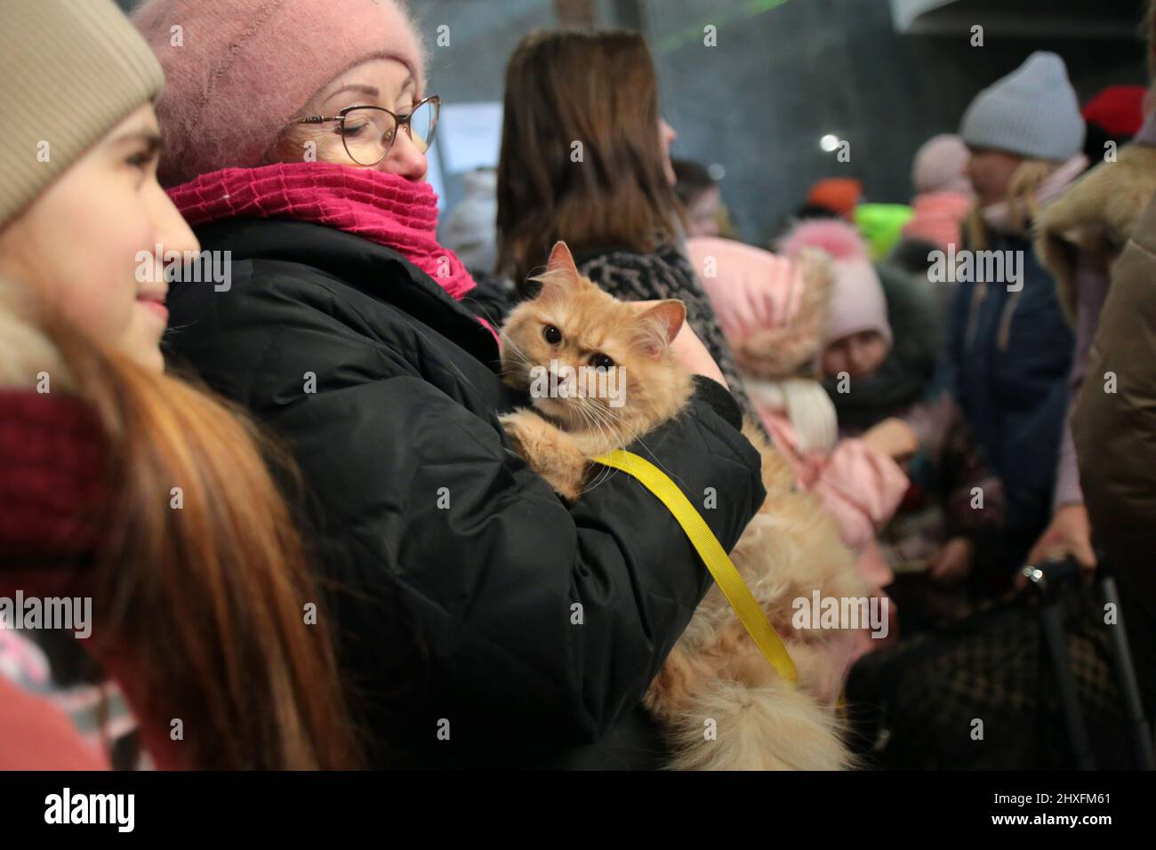 LVIV, UKRAINE - 11. MÄRZ 2022 - Eine Frau hält eine Katze, während Menschen, die vor der russischen Invasion fliehen, auf einen Evakuierungszug nach Przemysl, Polen, warten Stockfoto