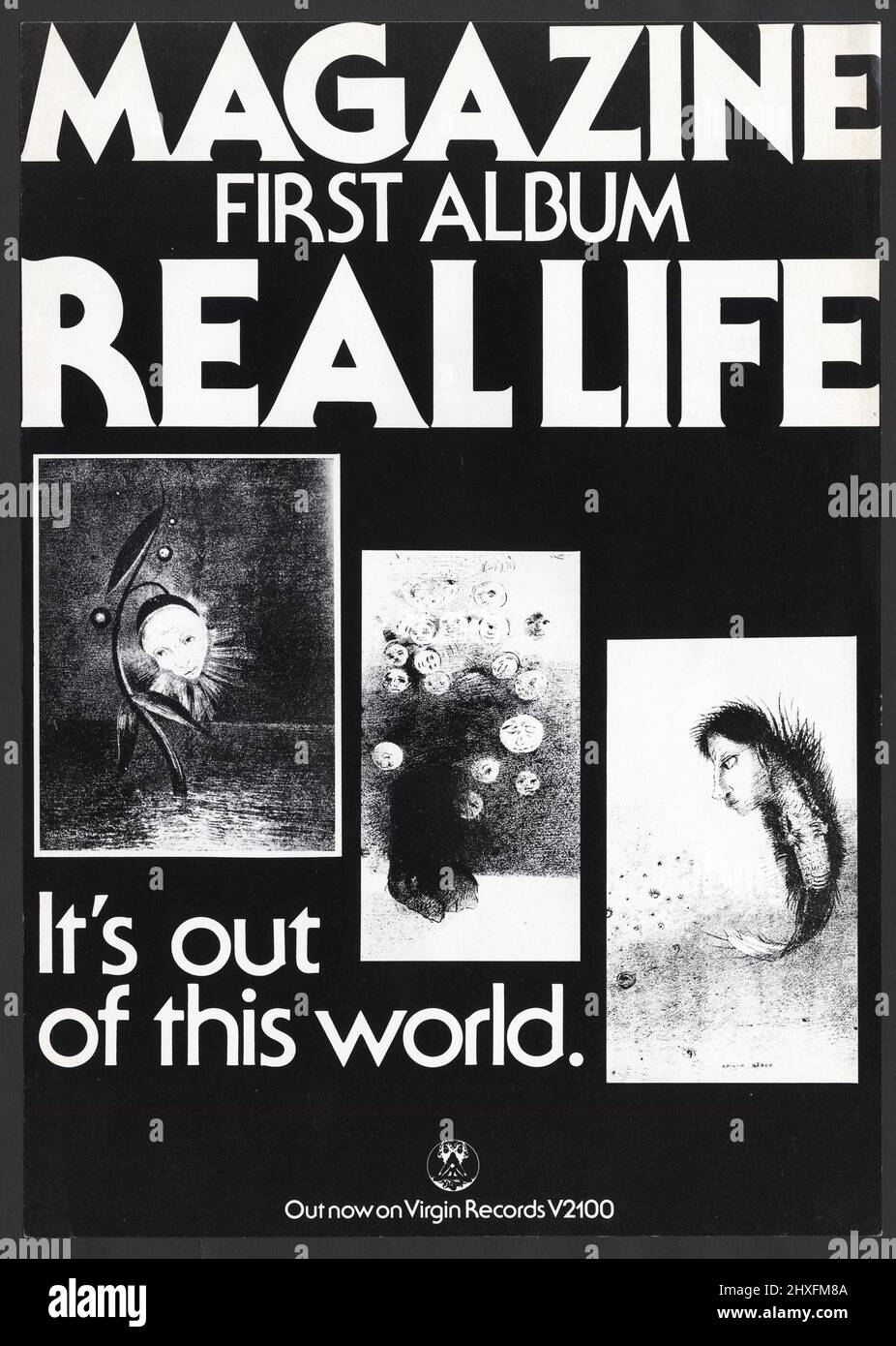 Das erste Album des Magazins Real Life auf Virgin Records enthielt eine Neuaufnahme ihrer klassischen Single Shot By Both Sides. Dieser Werbeflyer aus dem Jahr A4 hatte auf der einen Seite eine Anzeige für das Post-Punk-Album sowie Details ihrer großen UK-Tour vom 1978. Juli auf der anderen Seite und Zitate über das Album. Manchester Post-Punk / New Wave Band Magazine. Howard Devoto – Gesang, John McGeoch – Gitarre. Stockfoto