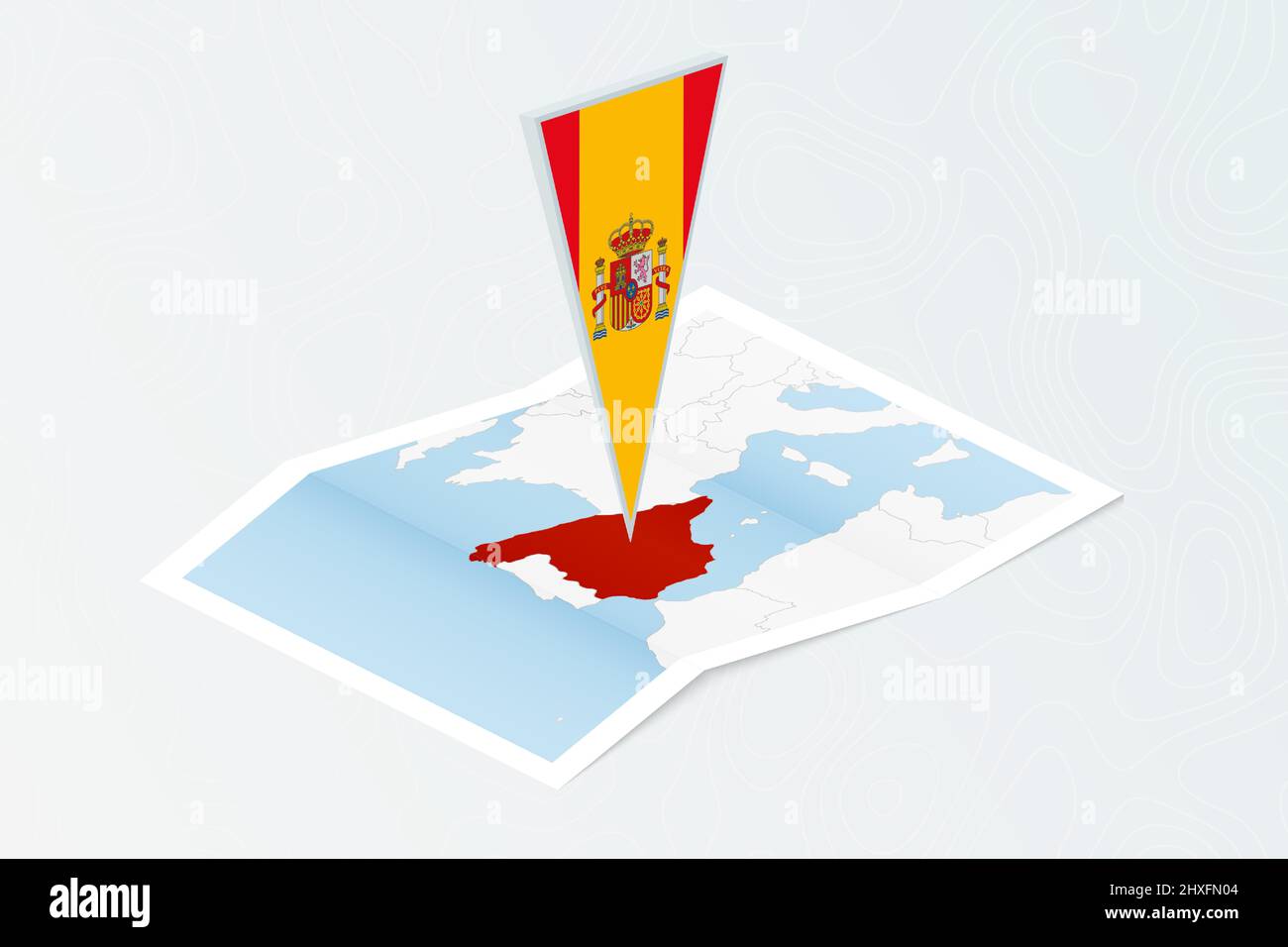 Isometrische Papierkarte von Spanien mit dreieckiger Flagge Spaniens im isometrischen Stil. Karte auf topografischem Hintergrund. Vektorgrafik. Stock Vektor