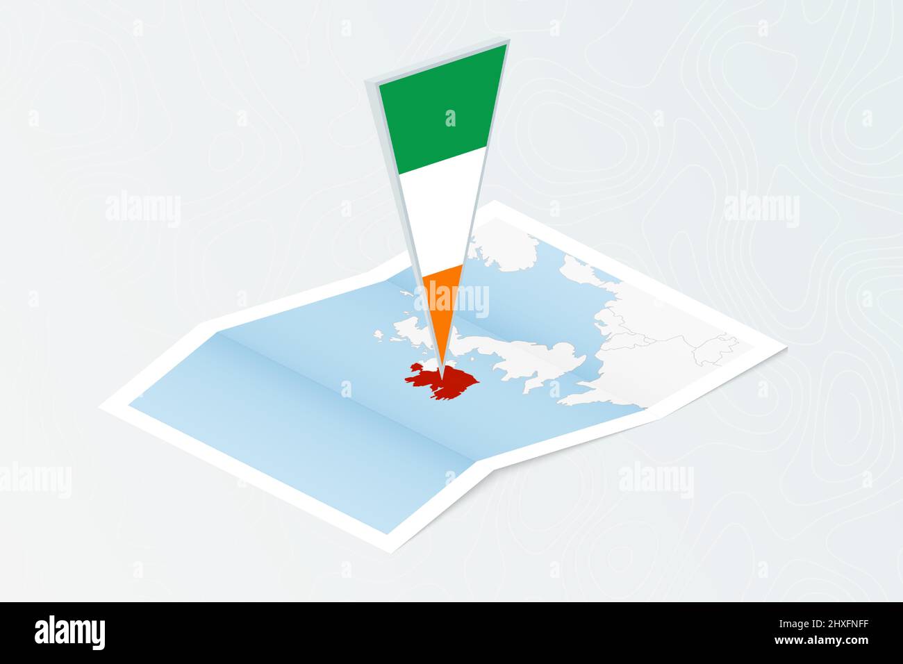 Isometrische Papierkarte von Irland mit dreieckiger Flagge Irlands im isometrischen Stil. Karte auf topografischem Hintergrund. Vektorgrafik. Stock Vektor