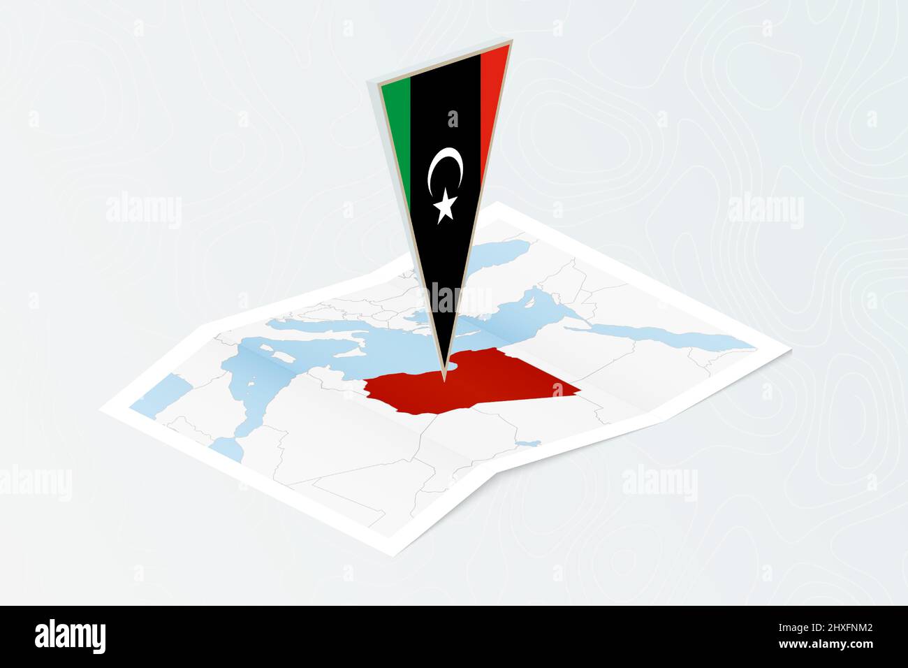 Isometrische Papierkarte Libyens mit dreieckiger Flagge Libyens im isometrischen Stil. Karte auf topografischem Hintergrund. Vektorgrafik. Stock Vektor