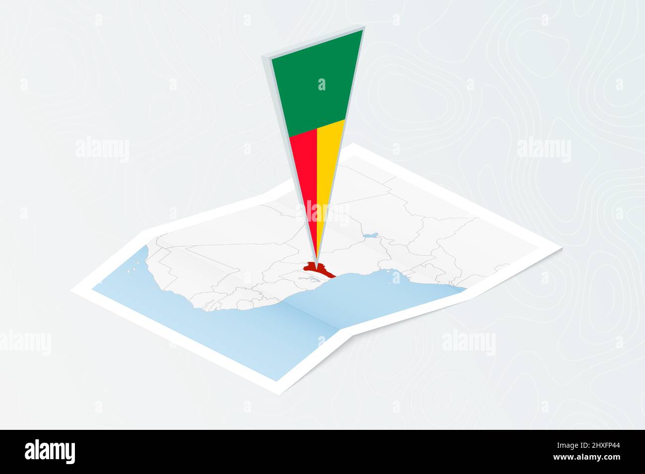 Isometrische Papierkarte von Benin mit dreieckiger Flagge von Benin im isometrischen Stil. Karte auf topografischem Hintergrund. Vektorgrafik. Stock Vektor