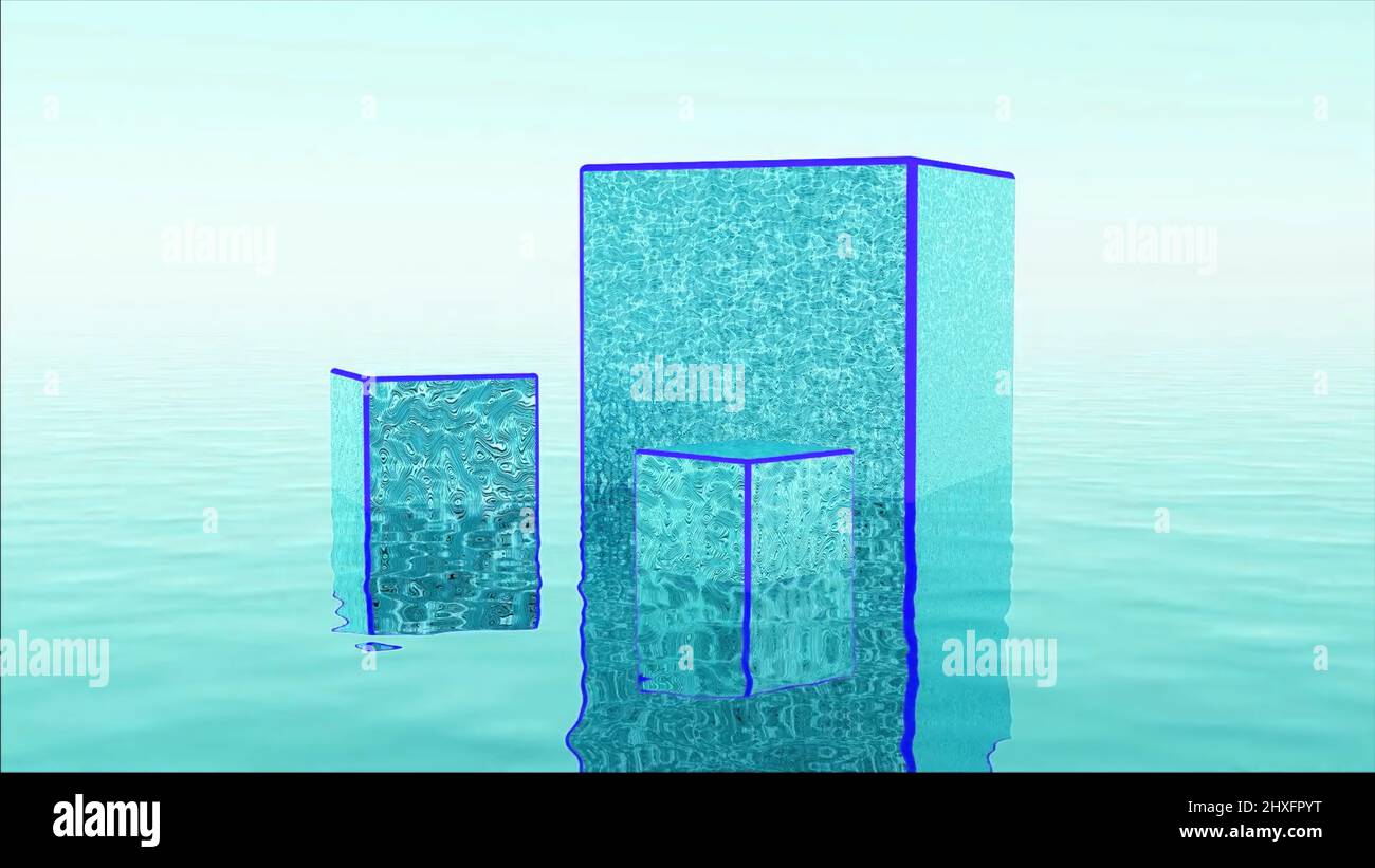 Abstrakter, farbenfroher Hintergrund mit drei hellen Würfeln, die auf der Wasseroberfläche stehen. Design. Blaue 3D kubische Figuren mit rauer Oberfläche in surrealer Landschaft. Stockfoto