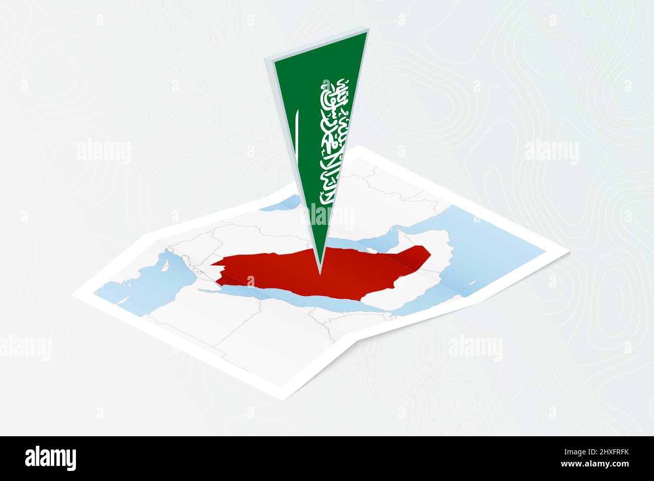Isometrische Papierkarte von Saudi-Arabien mit dreieckiger Flagge Saudi-Arabiens im isometrischen Stil. Karte auf topografischem Hintergrund. Vektorgrafik. Stock Vektor