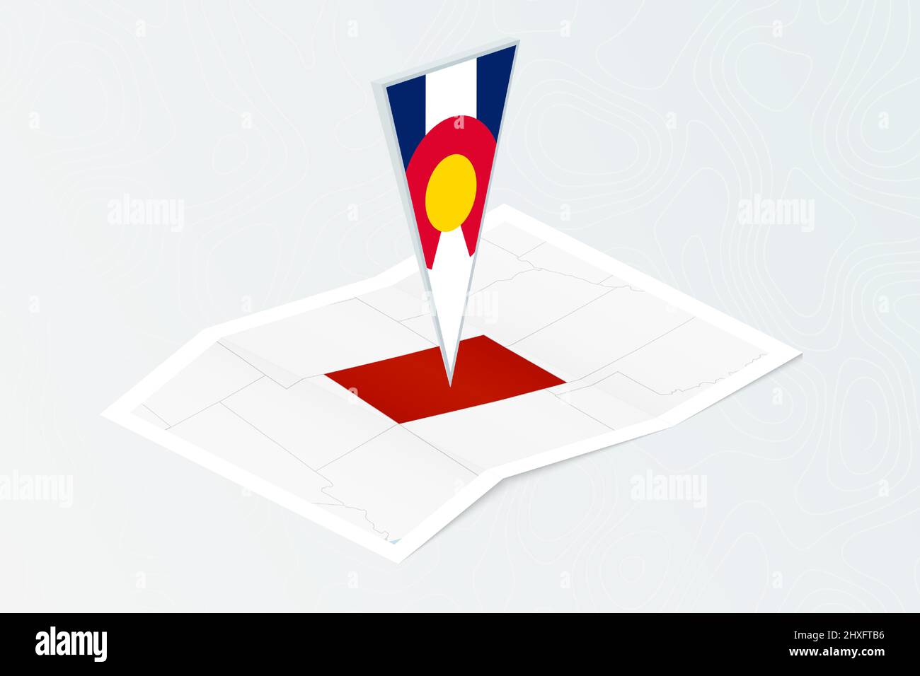 Isometrische Papierkarte von Colorado mit dreieckiger Flagge Colorados im isometrischen Stil. Karte auf topografischem Hintergrund. Vektorgrafik. Stock Vektor