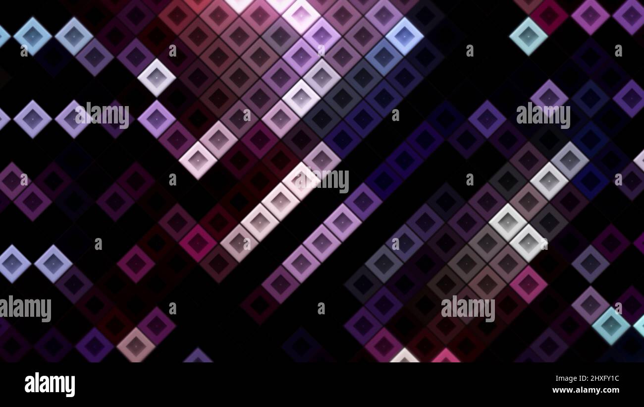 Abstrakt diagonalen quadratischen Mosaikmuster Hintergrund, nahtlose Schleife. Bewegung. Kleine quadratische Blöcke gleicher Größe, die sich zufällig auf einem schwarzen Hintergrund bewegen. Stockfoto