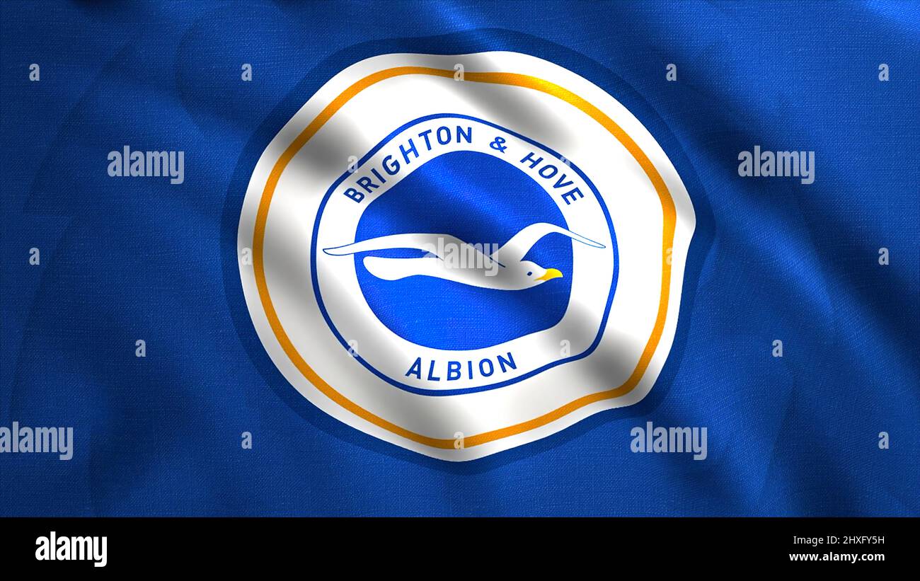 Nahtlose, gewellte Bewegung einer blauen Fußballclubflagge mit einer weißen Möwe. Bewegung. Das Emblem des Fußballvereins Brighton und Hove Albion. Für Stockfoto