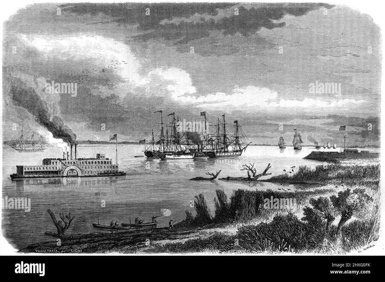 Paddeldampfer und hohe Holzschiffe auf dem Mississippi River USA, USA oder USA. Vintage Illustration oder Gravur 1860. Stockfoto