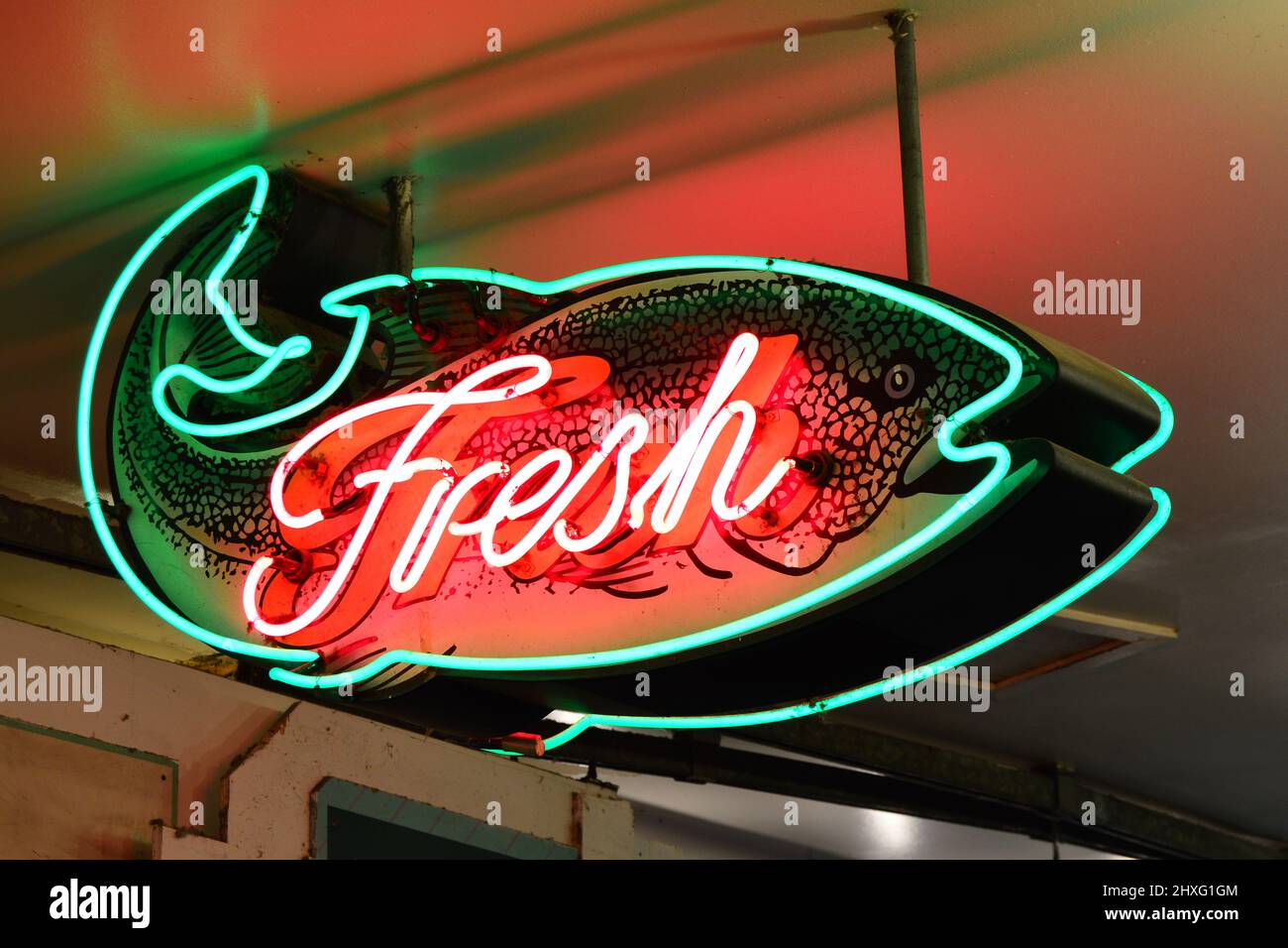 Ein Neonschild lässt die Käufer wissen, dass täglich frischer Fisch serviert wird Stockfoto