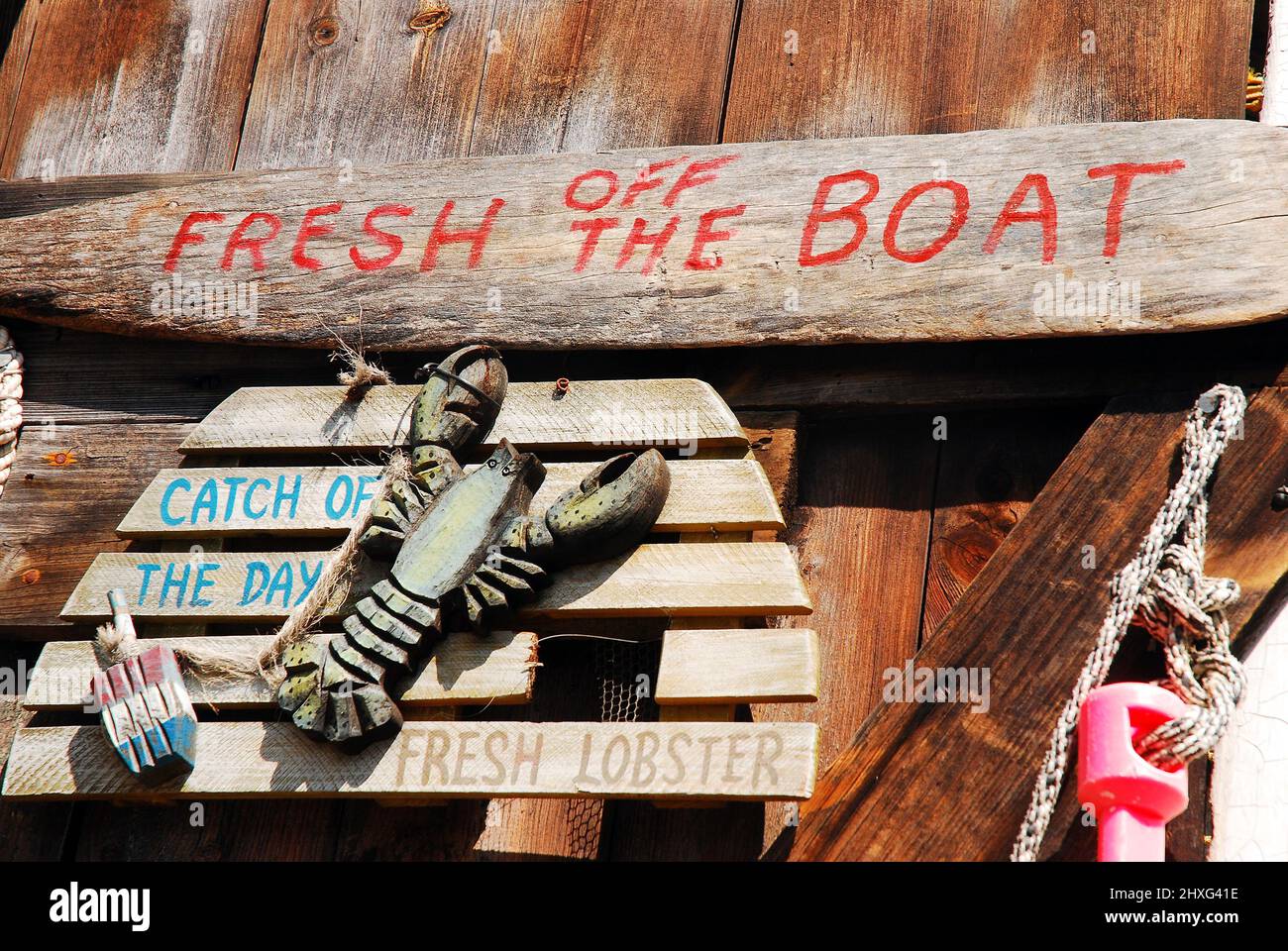 Die Einrichtung mit Meeresfrüchten bevölkert die Wand einer Fischhütte in Maine Stockfoto