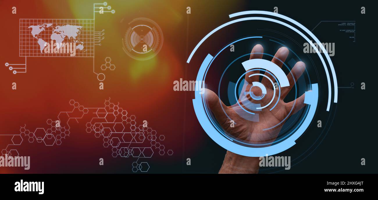 Mann, der virtuellen Bildschirm oder futuristischen Bildschirm verwendet, um globales Wetter zu modellieren. Innovation Technologie Metaverse und Business-Konzept. Platz für Text. Abs Stockfoto