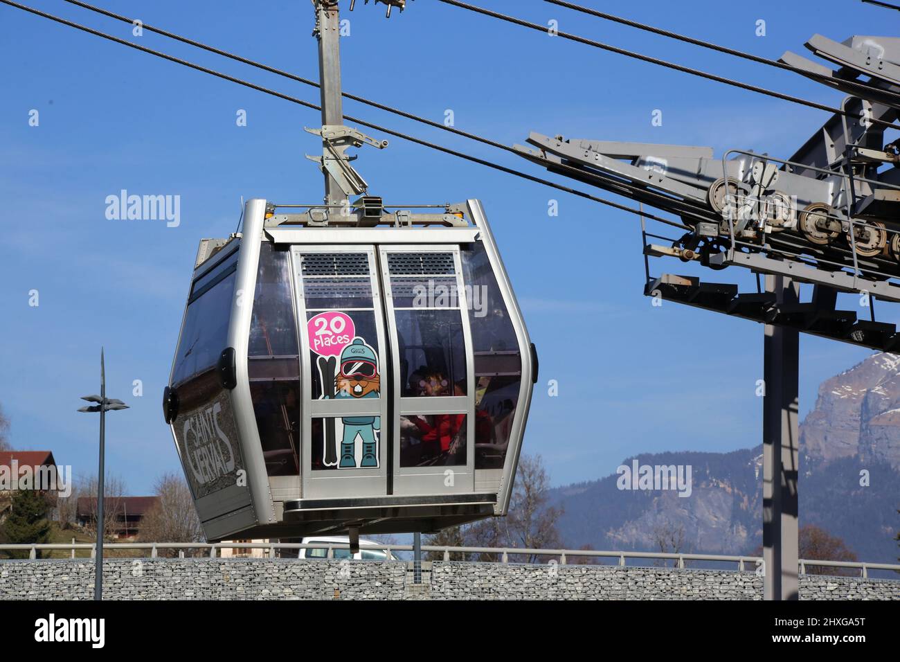 Télécabine de Saint-Gervais-les-Bains. Saint-Gervais-les-Bains. Haute-Savoie. Auvergne-Rhône-Alpes. Frankreich. Stockfoto