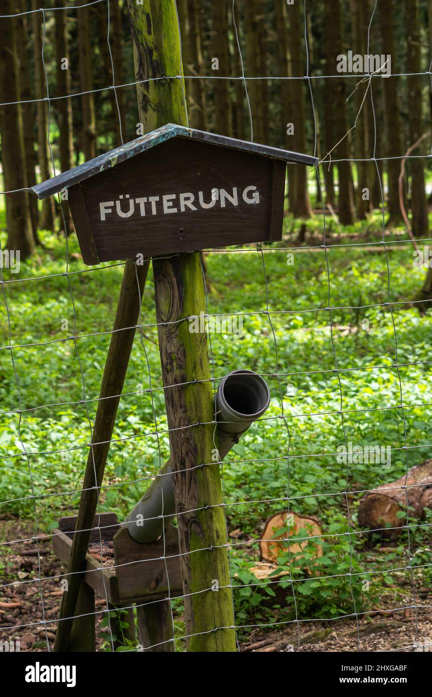 Schild 'Fütterung' und Fütterungseinrichtung am Zaun eines Wildgeheges. Stockfoto