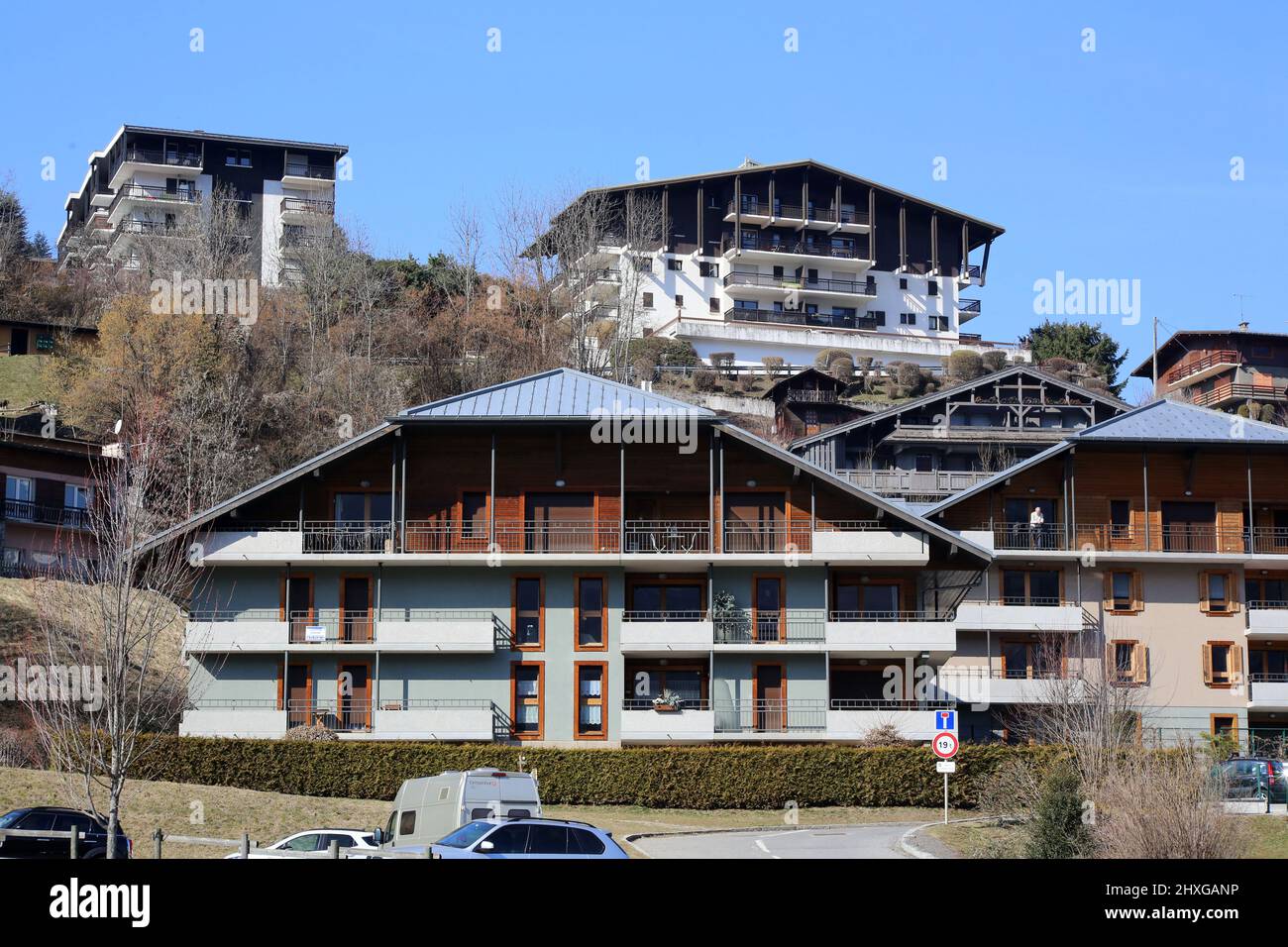 Station de Sports d'hiver de Saint-Gervais-les-Bains. Haute-Savoie. Auvergne-Rhône-Alpes. Haute-Savoie. Frankreich. Stockfoto
