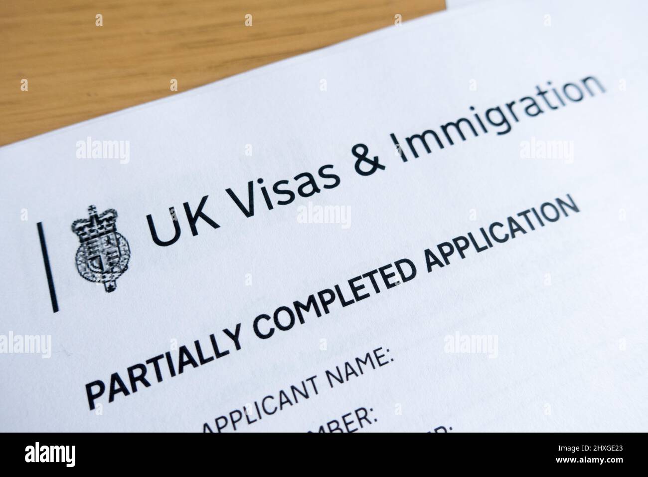 UK Visa and Immigration Form Print out with Home Office Logo Stockfoto