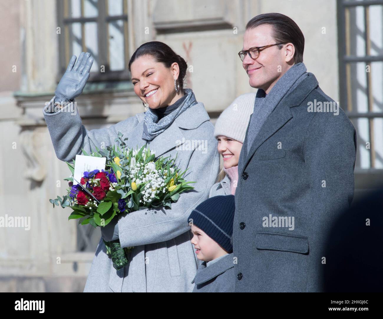 Feier des Namenstages von Kronprinzessin Victoria im Königlichen Palast in Stockholm, Schweden, am 12. März 2022. Im Bild: Kronprinzessin Victoria, Prinz Daniel, Prinzessin Estelle, Prinz Oscar. Foto von Sigge Klemetz / Stella Pictures/ABACAPRESS.COM Stockfoto